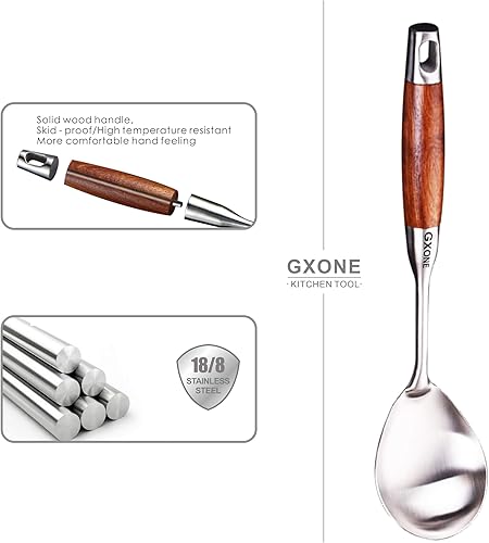 Miniatura 3 de GXONE Cucharas grandes para servir, cuchara de cocina de acero inoxidable 304 con mango de madera resistente al calor, plata12.4 pulgadas