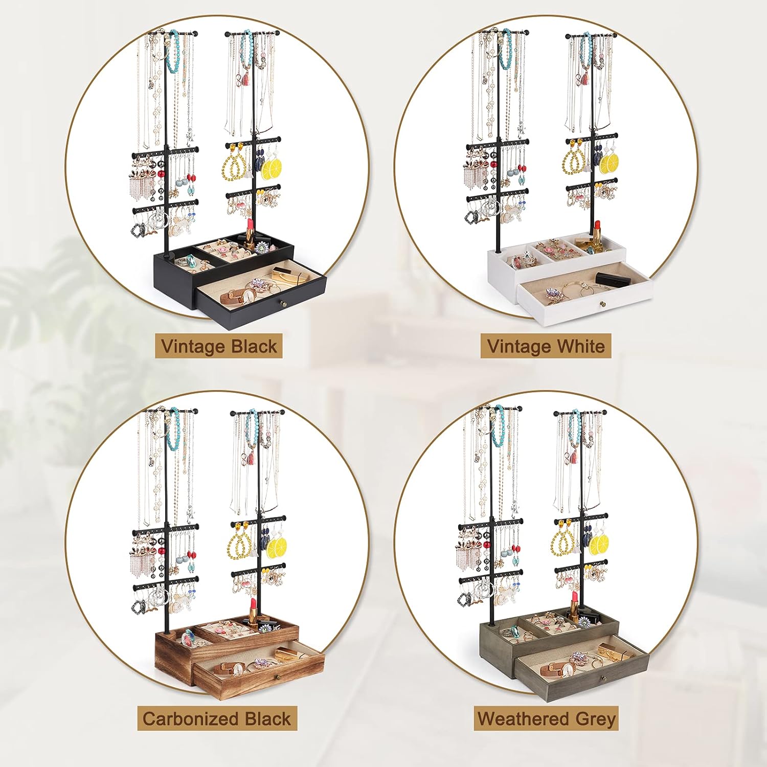Miratino Jewelry Organizer Stand Double Rods & 6 Tiers Jewelry Holder Box with Rustic Wood Drawer Storage Base for Necklaces Bracelets Earrings Rings Display Carbonized Black : Clothing, Shoes & Jewelry