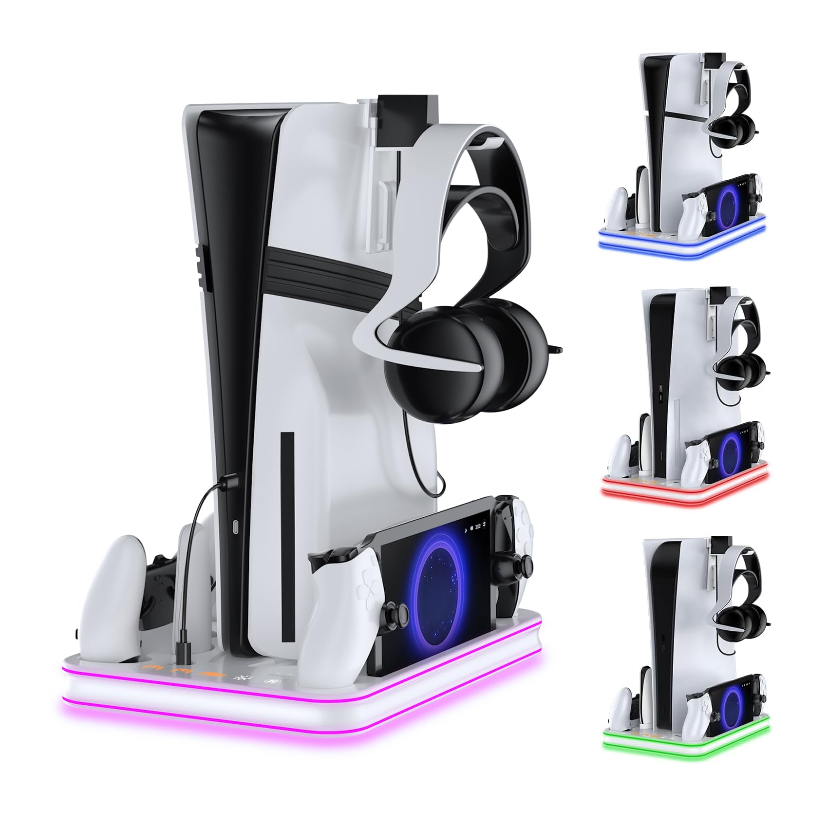 Soporte y estación de refrigeración para PS5/PS5 Slim/PS5 Pro con controlador LED RGB, accesorios de base de carga, cargador para controlador PlayStation 5 y auriculares de consola PS Portal y