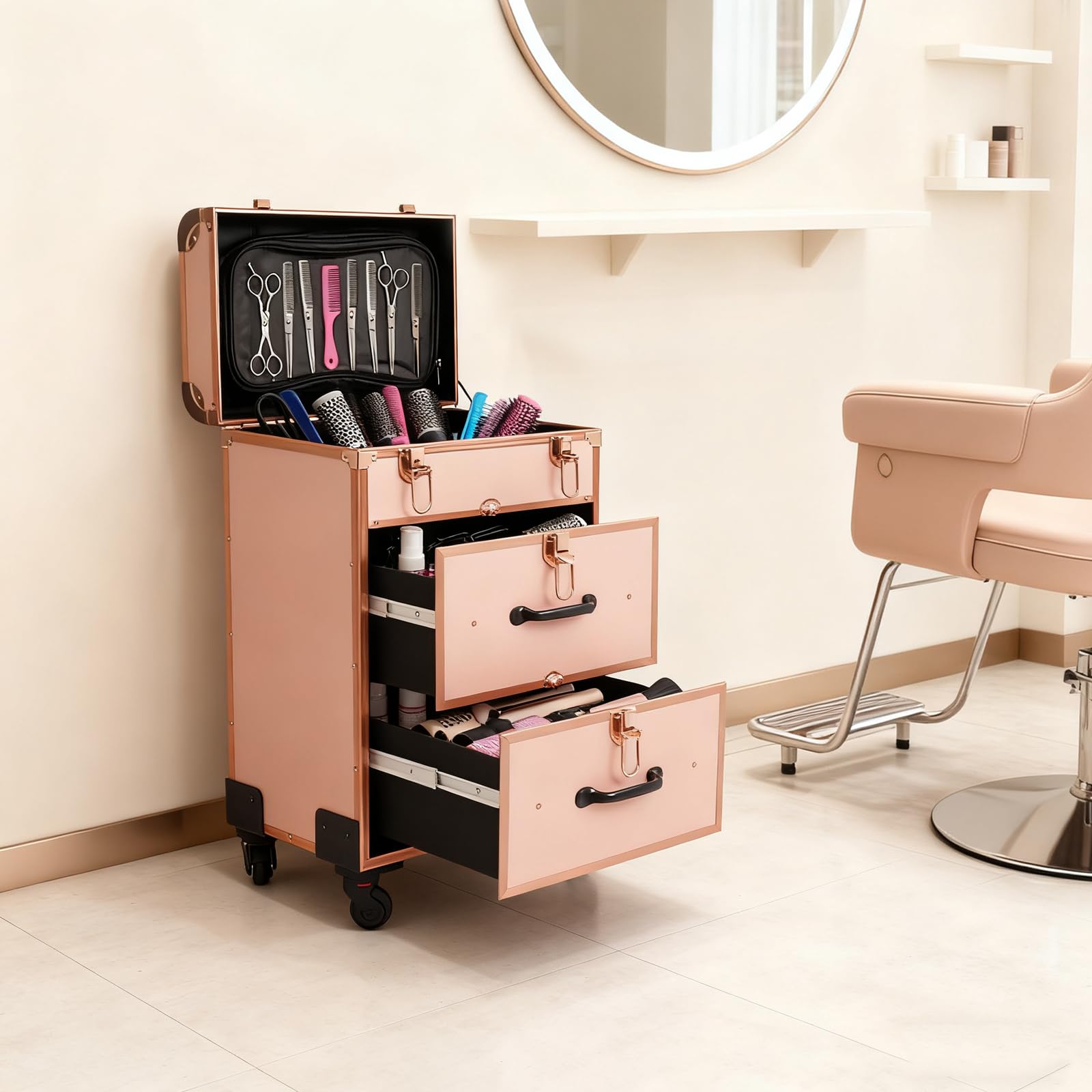 Kosmetikkoffer Trolley, Kosmetikkoffer Trolley mit Schublade, Professionell Trolley Schminkkoffer Nagelkkoffer, Make Up Koffer für Reise Kosmetikerin Friseurerin (Gold)