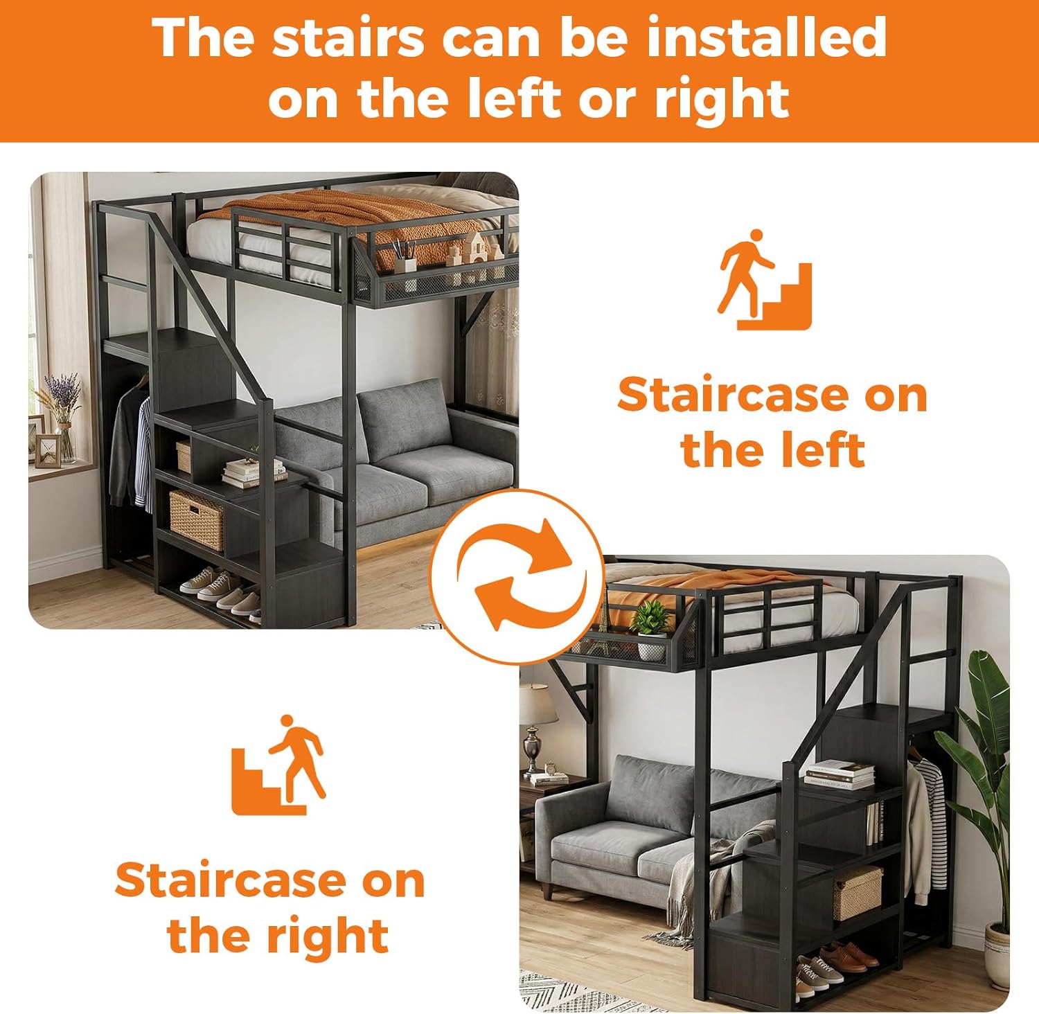 Full Size Loft Bed with Storage Stairs, Four-Sided Guardrail and Storage Shelves, Metal Loft Bed with Wardrobe for Kids, Teens and Adults, Modern Full Loftbed for Bedroom and Guest Room, Black