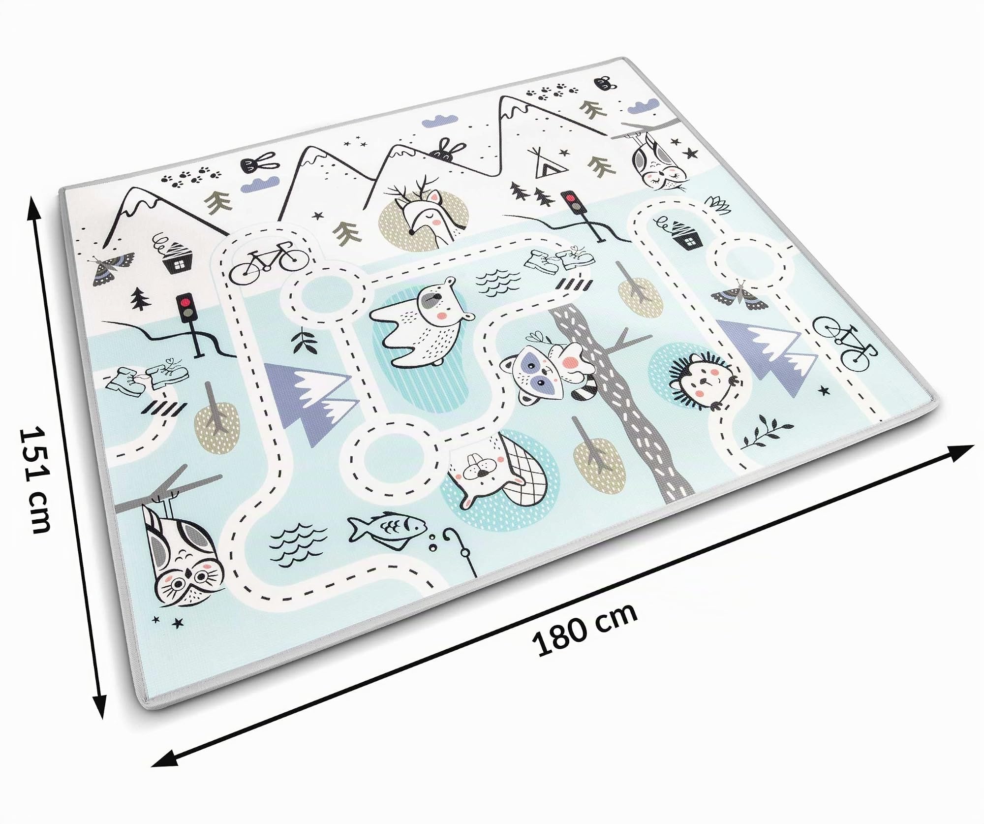 NUKIDO Alfombrilla de espuma para bebé de doble cara con bonito diseño colorido para jugar gateando, ideal como regalo, enrollable, grosor 1,5 cm, tamaño 180 x 150 cm, color azul