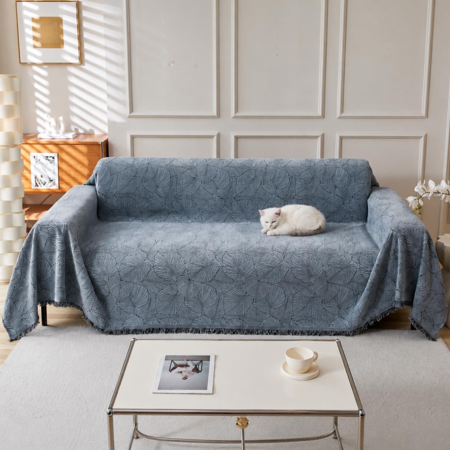 VIWATIN Botanical Chenille Sofa Throw, Leaf Dusty Blue 2-3 Seater 180x300cm