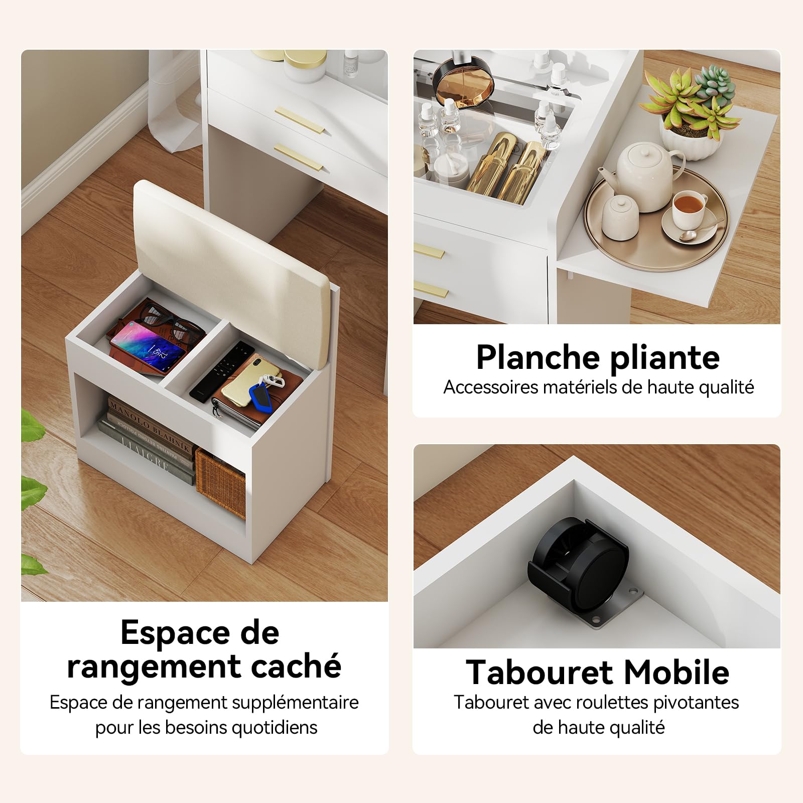 YU YUSING Coiffeuse 3 en 1 avec Miroir LED Rabattable 50-75cm, Tabouret de Rangement, 2 Tiroirs et Plateau en Verre, Table de Maquillage Gain de Place, Petite Coiffeuse en Bois, Moderne, Blanc