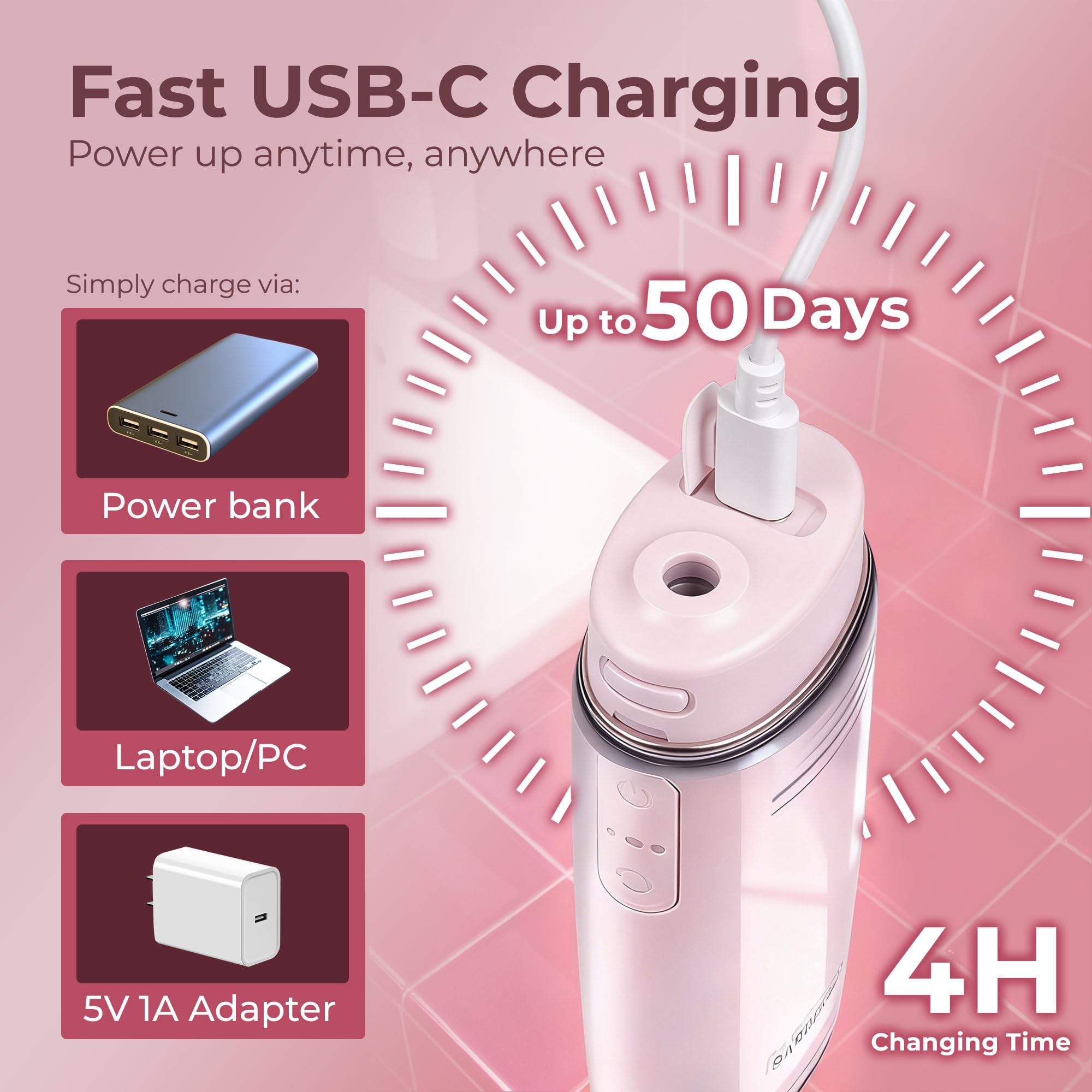 BarberBoss Irygator do jamy ustnej Travel, irygator do zębów z akumulatorem USB-C, bezprzewodowy irygator przenośny z 3 trybami czyszczenia, teleskopowy zbiornik na wodę IPX8, QR-7113 (różowy)