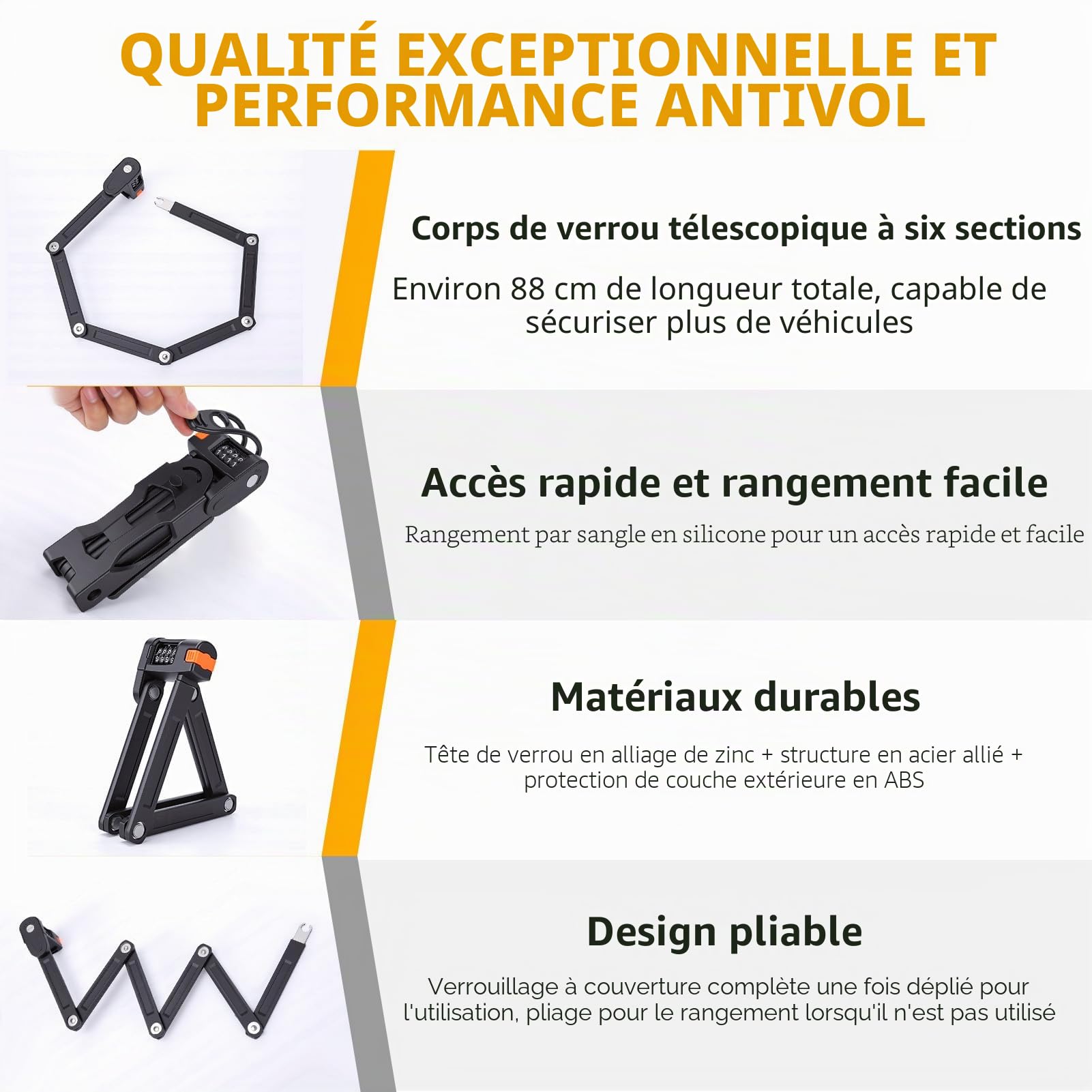 Antivol pliable pour vélo, antivol haute sécurité à combinaison à 4 chiffres, antivol pliable compact avec support de fixation pour vélos, scooters et motos