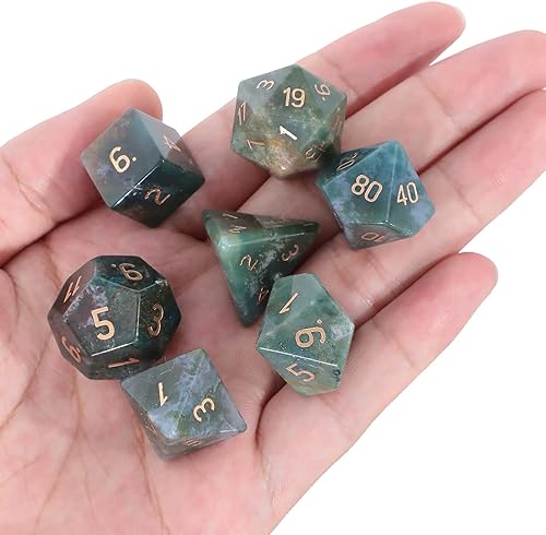 Loveliome Juego de 7 piezas de dados poliédricos DND de cristal para juegos de rol RPG, juegos de mesa de mazmorras y dragones, ágata india