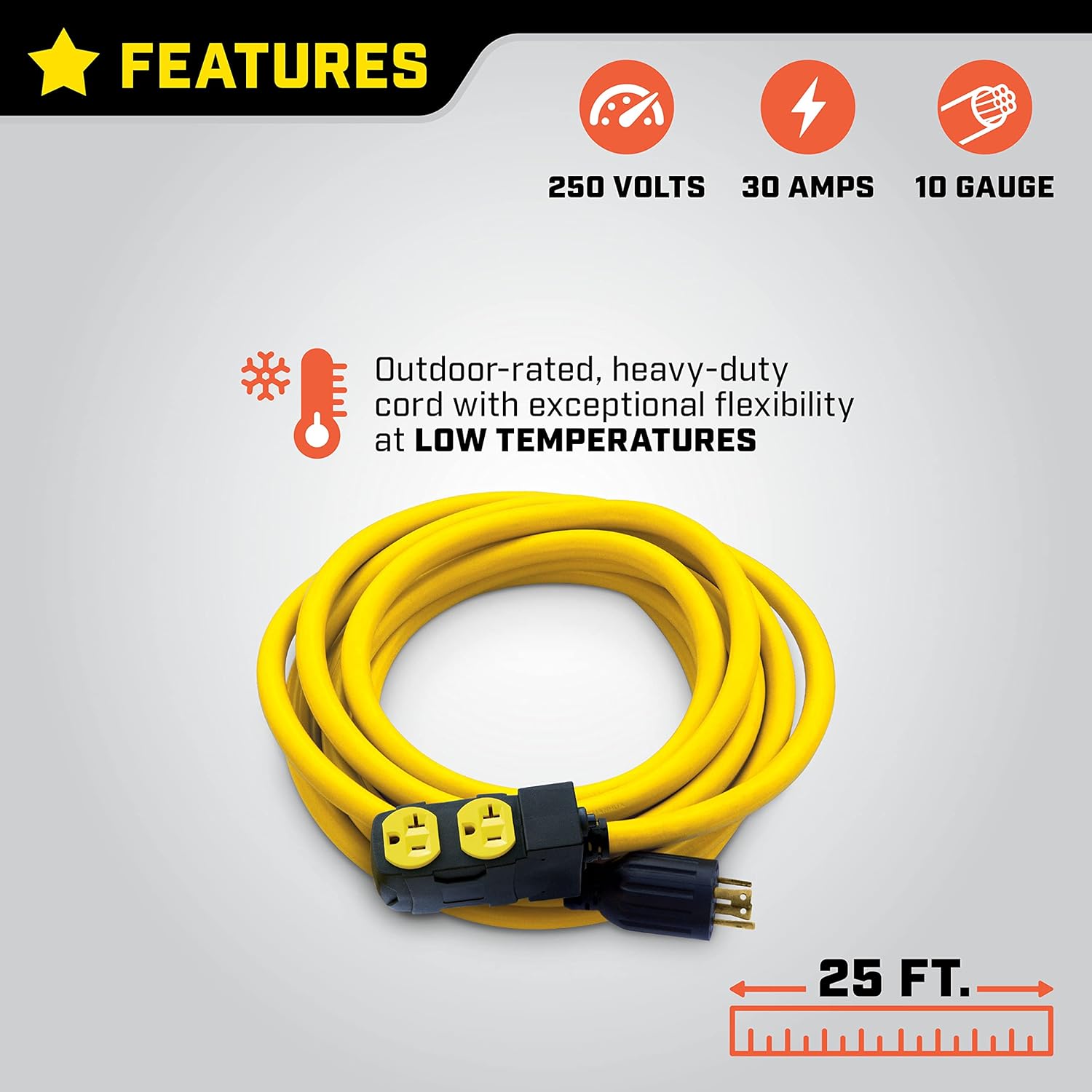 Champion Power Equipment 25-Foot 30-Amp 125/250-Volt Duplex-Style Generator Extension Cord with Circuit Breakers (L14-30P to Four 5-20R)