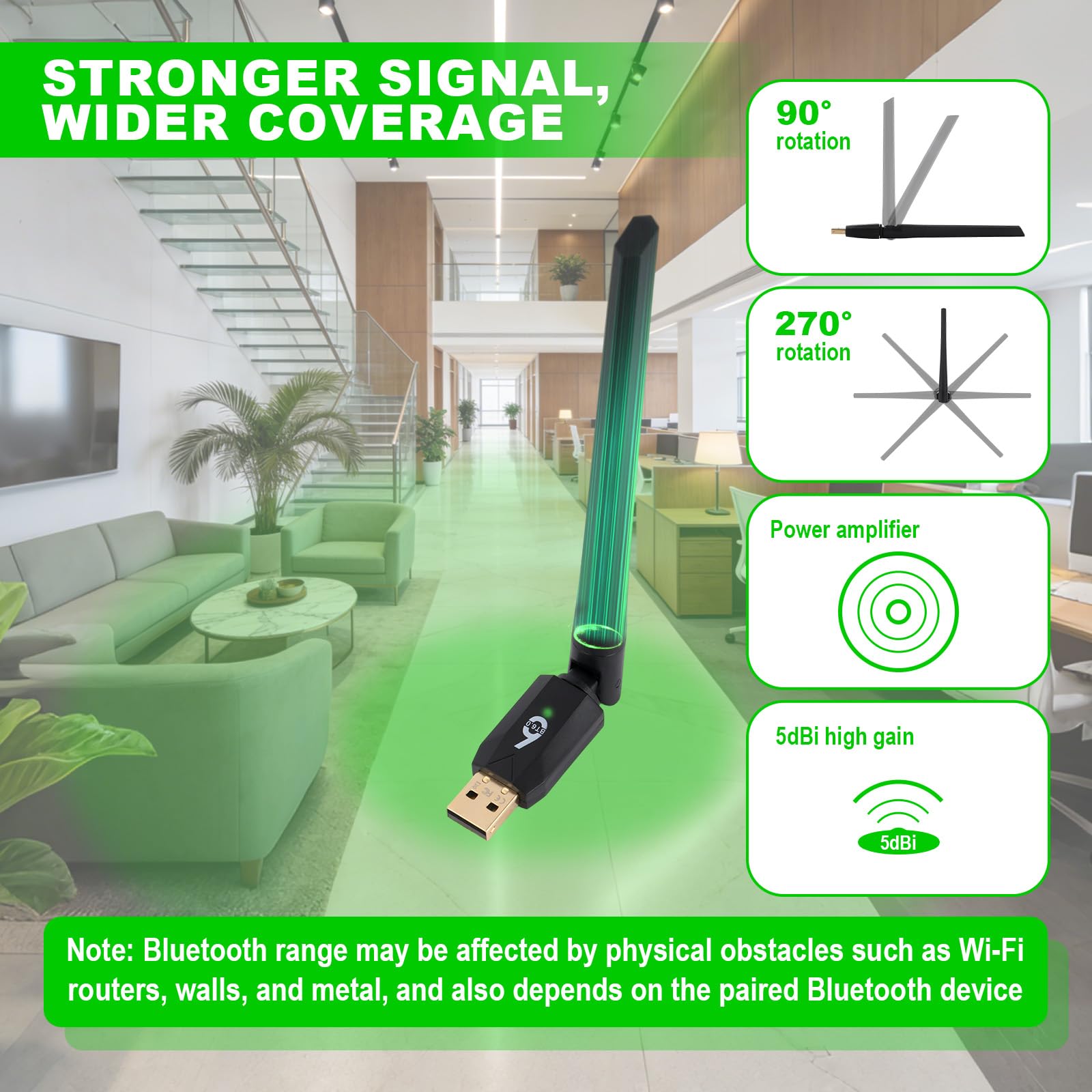 Adapter Bluetooth 6.0, Adapter USB Dalekiego Zasięgu Plug and Play Obsługuje Połączenie Wielourządzeniowe ze Słuchawkami Klawiaturą PC & Telefonami dla Windows 11/10/8.1