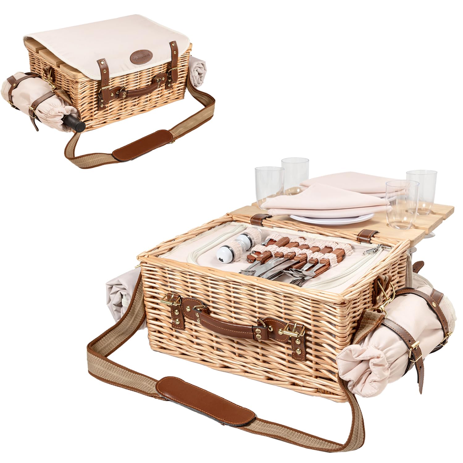 Amazon.com: Multifunctional Wicker Picnic Basket Set for 4 Blanket