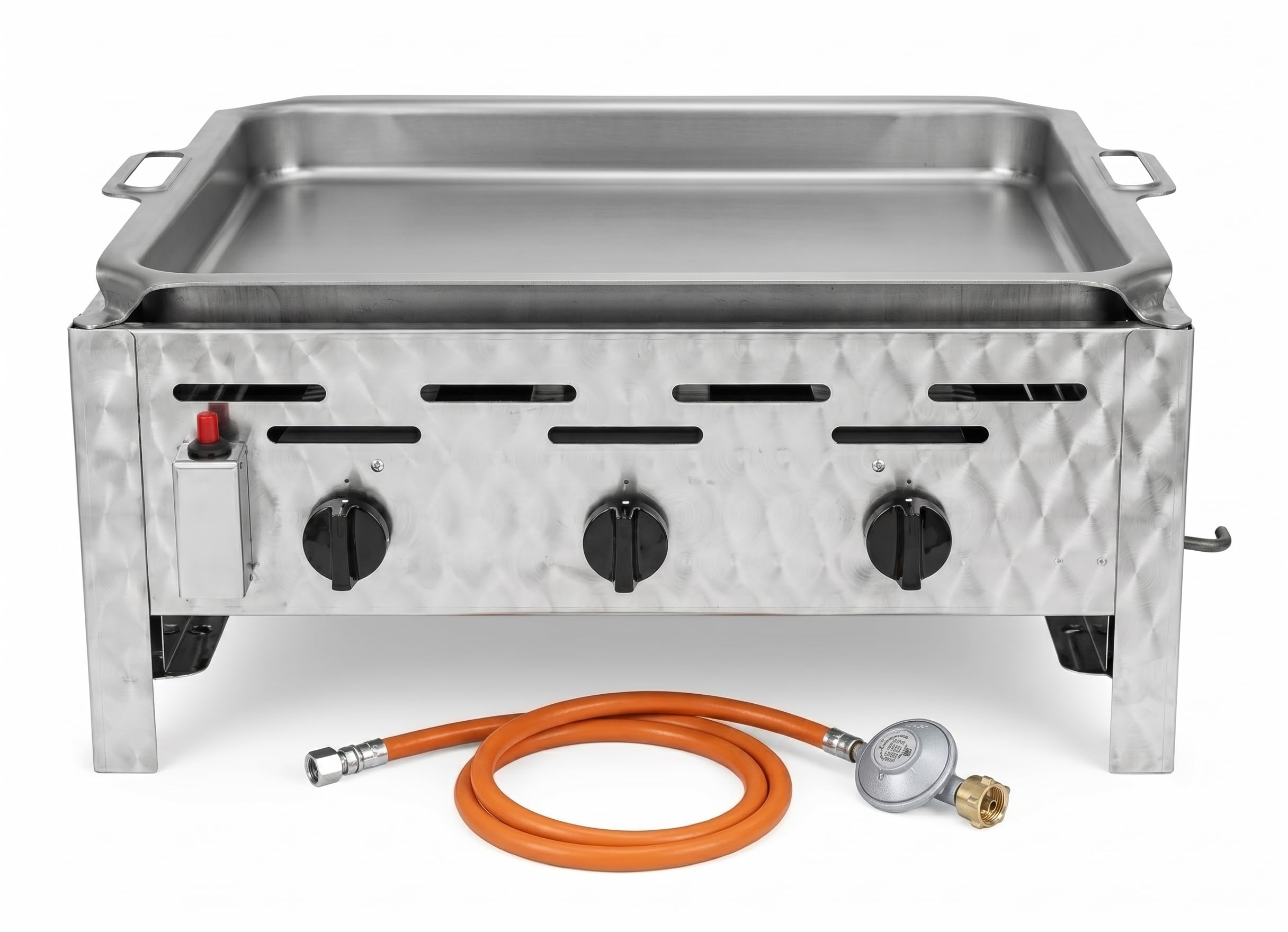 3-Flammiger Profi Gasgrill Edelstahl – stufenlos regelbarer Gastrobräter mit Gasschlauch & Druckminderer (11 kW | Grillpfanne Stahl)