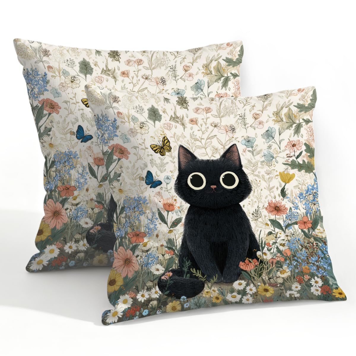 Outdoor Pillow Covers Waterproof Pillowcases 22x22in Set of 2 Black Cat On Floral Garden Decorative Throw Cushion Case for Couch Sofa Garden Patio Furniture