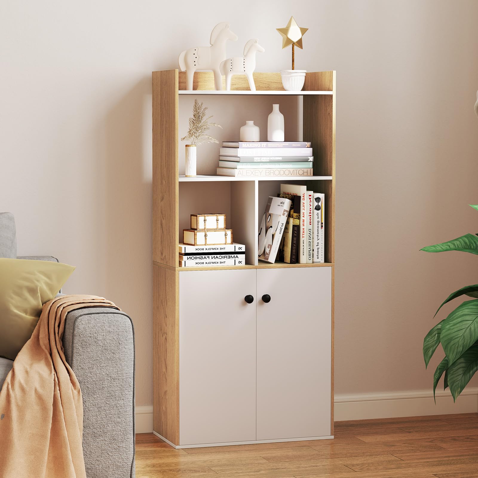 COSTWAY Estantería para Libros, Librería con Gabinete de 2 Puertas, Estantería Alto de 3 Niveles, Almacén Cocina para Sala de Estar, Dormitorio, Estudio, Cocina, 60 x 30 x 133 cm (Blanco y Natural)