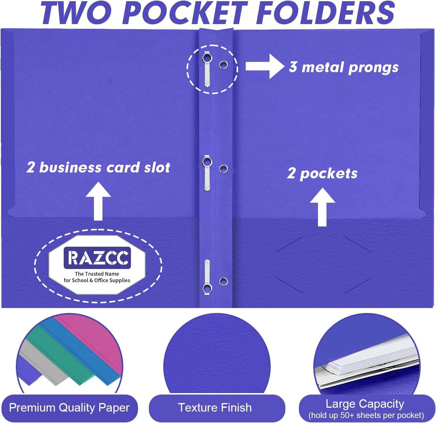 Two Pocket Folders, RAZCC 100 Pack Two Pocket with Prongs, 3 Prong Pocket Folders Letter Size, Paper Folders with Prongs for School Office Home Business, Assorted 5 Colors