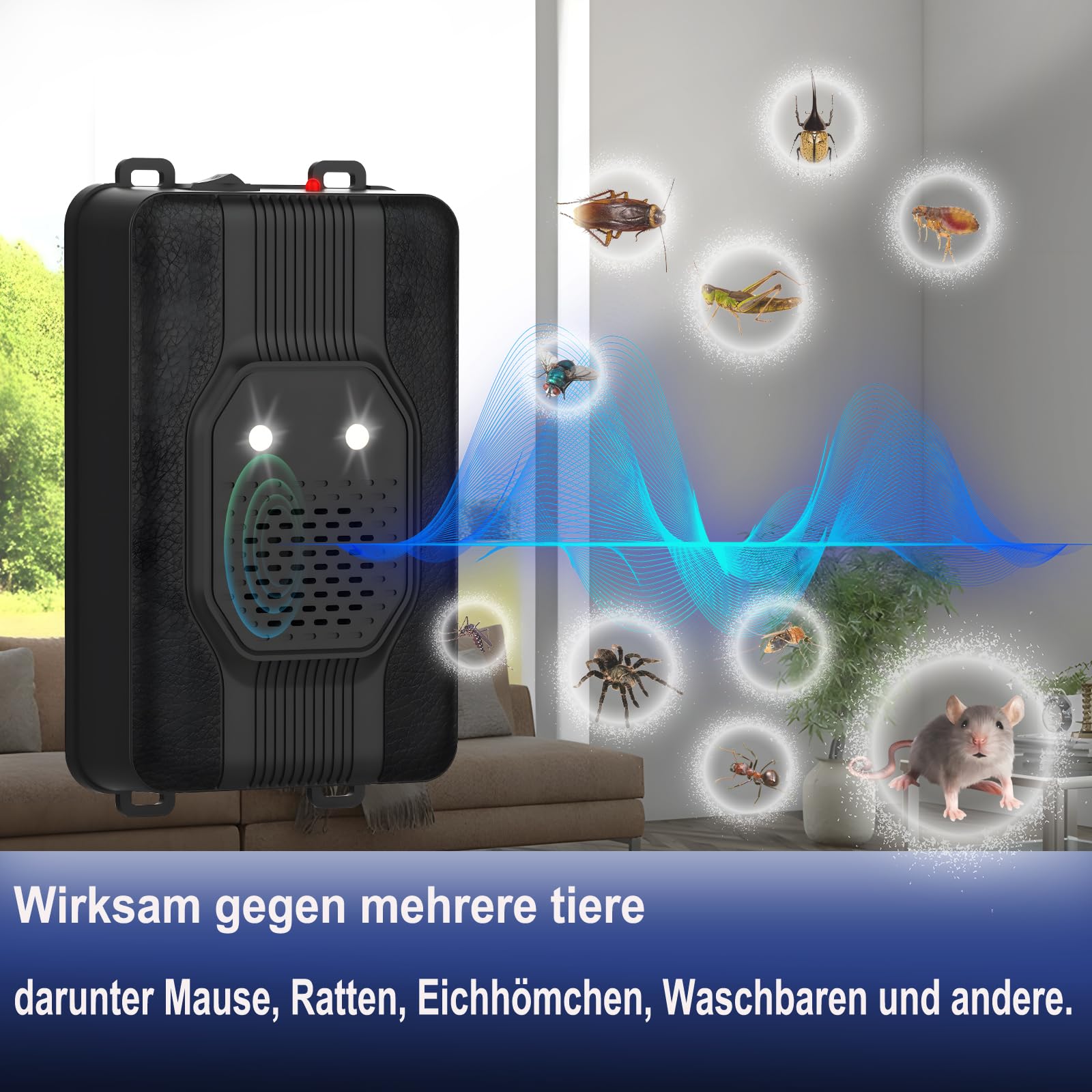 TEOV Marderschreck Auto, 15-36kHz Ultraschall Marderabwehr mit LED Blitzlicht, 12V Autobatterie & AA Batterie & USB, Anwendungsbereich ca. 40-50m², Tiervertreiber Marderschutz für Auto Haus (2 Stück)
