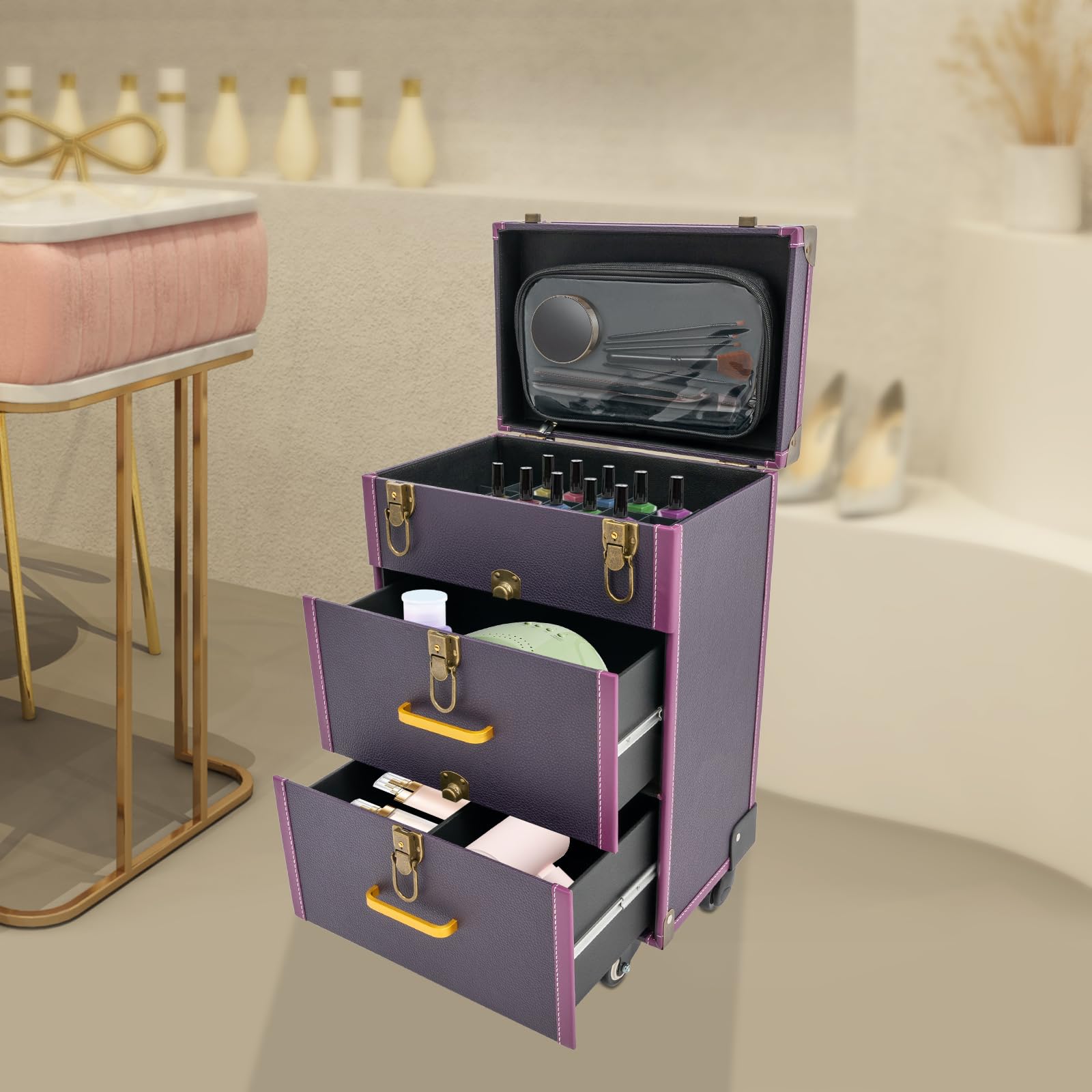 RENFANSHOP Rolling Makeup Case with 4 Wheels - Portable Cosmetic Trolley Suitcase with Drawers, Multifunctional Organizer for Makeup, Nail Polish & Jewelry Travel (Purple)