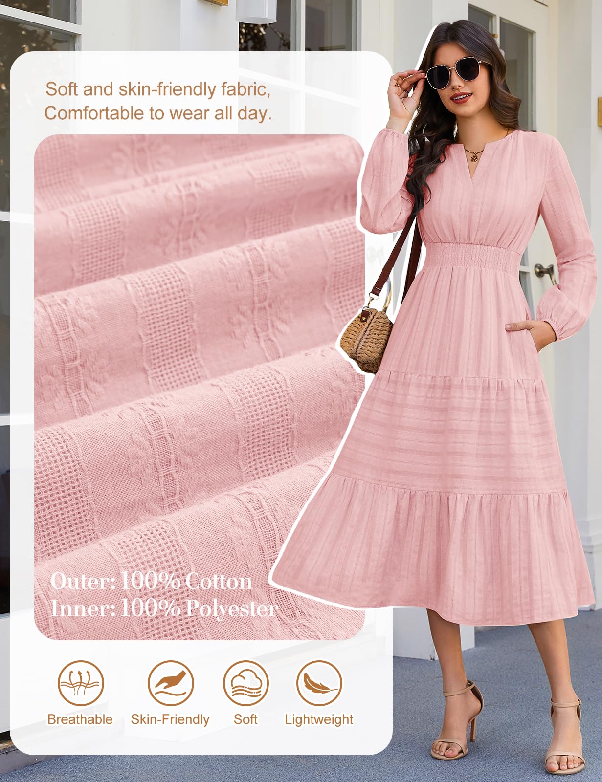 Vestito Donna Manica Lunga Scollo a V Autunno | Vita Alta, Gonna a Trapezio, Cotone, Casual Abito, Vestito Lungo, Elegante, Tinta Unita, Tasche, Autunno, Inverno, Primavera