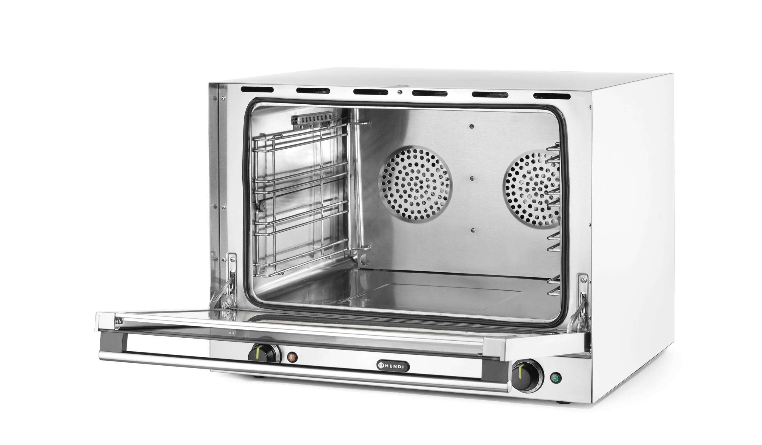 HENDI Horno de Convección H100, 4 Bandejas GN 1/1, Puerta de Doble Cristal Fría al Tacto, Iluminación Interior, Temporizador 0-120 min, 230V/3500W, 699x608x(H)550mm, Acero Inoxidable