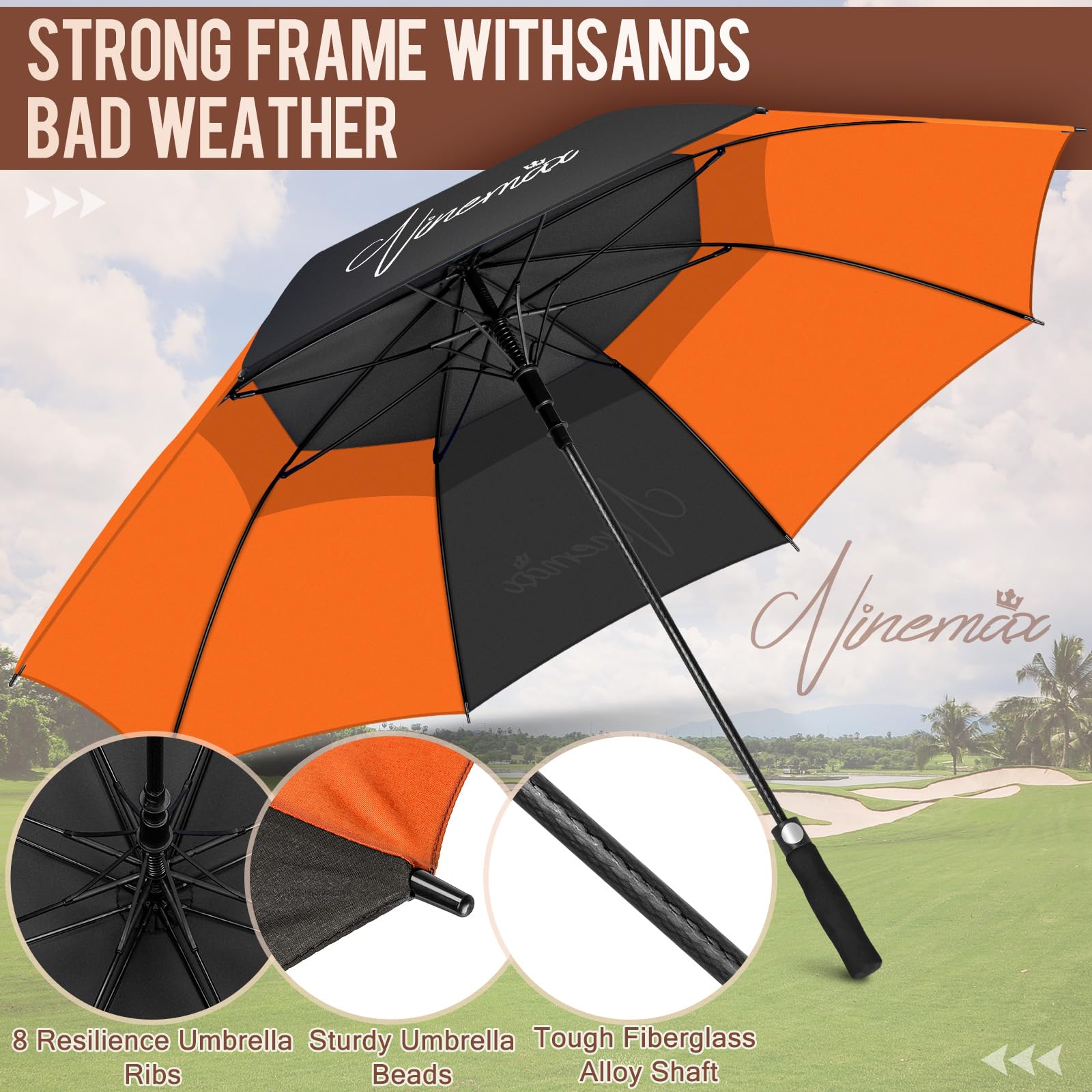 NINEMAX Grand Parapluie Golf, Ombrelle Grande Taille Anti Vent Solide Résistant, XL/XXL Parapluies Geant Tempete Incassable pour Homme Femme 2 Personnes