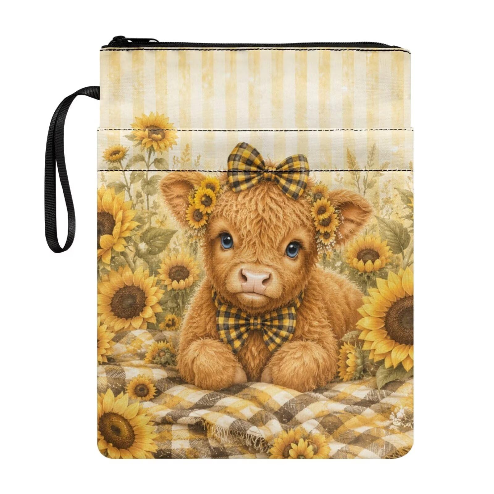 Poceacles Polyester Book Sleeve for Textbooks, Paperbacks, Notebooks, Reading Accessories Book Pouch for Travel School, Highland Cow Sunflower Yellow Stripe
