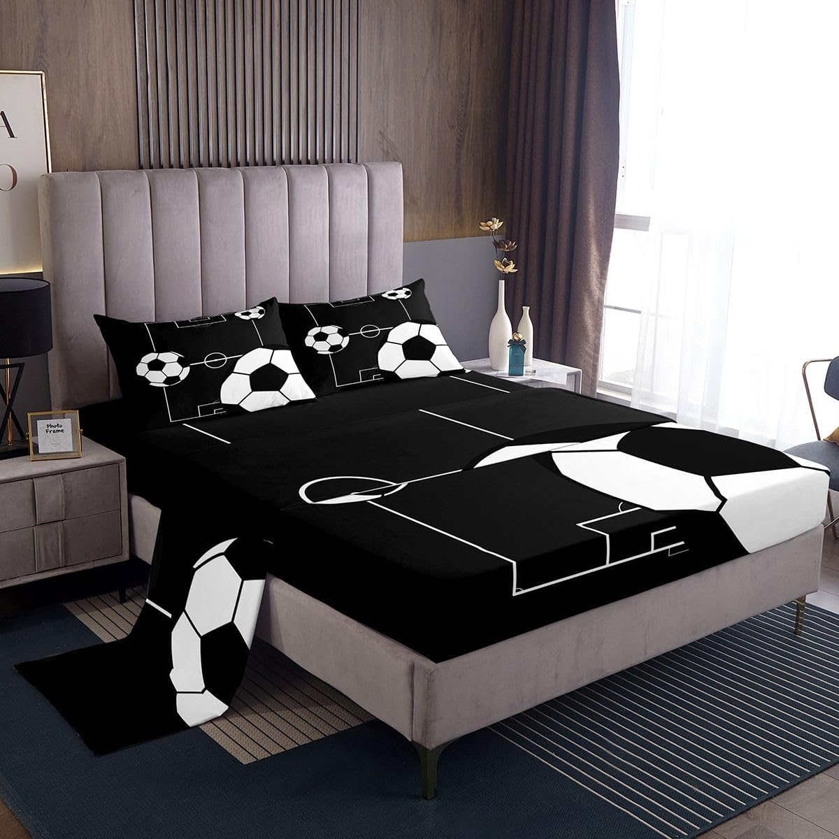 Erosebridal Football Bed Sheets Set Queen Boys Sports Theme Sheet Set Soccer Ball Pattern Football Court Sheets Playground Blue White Flat Fitted Sheet