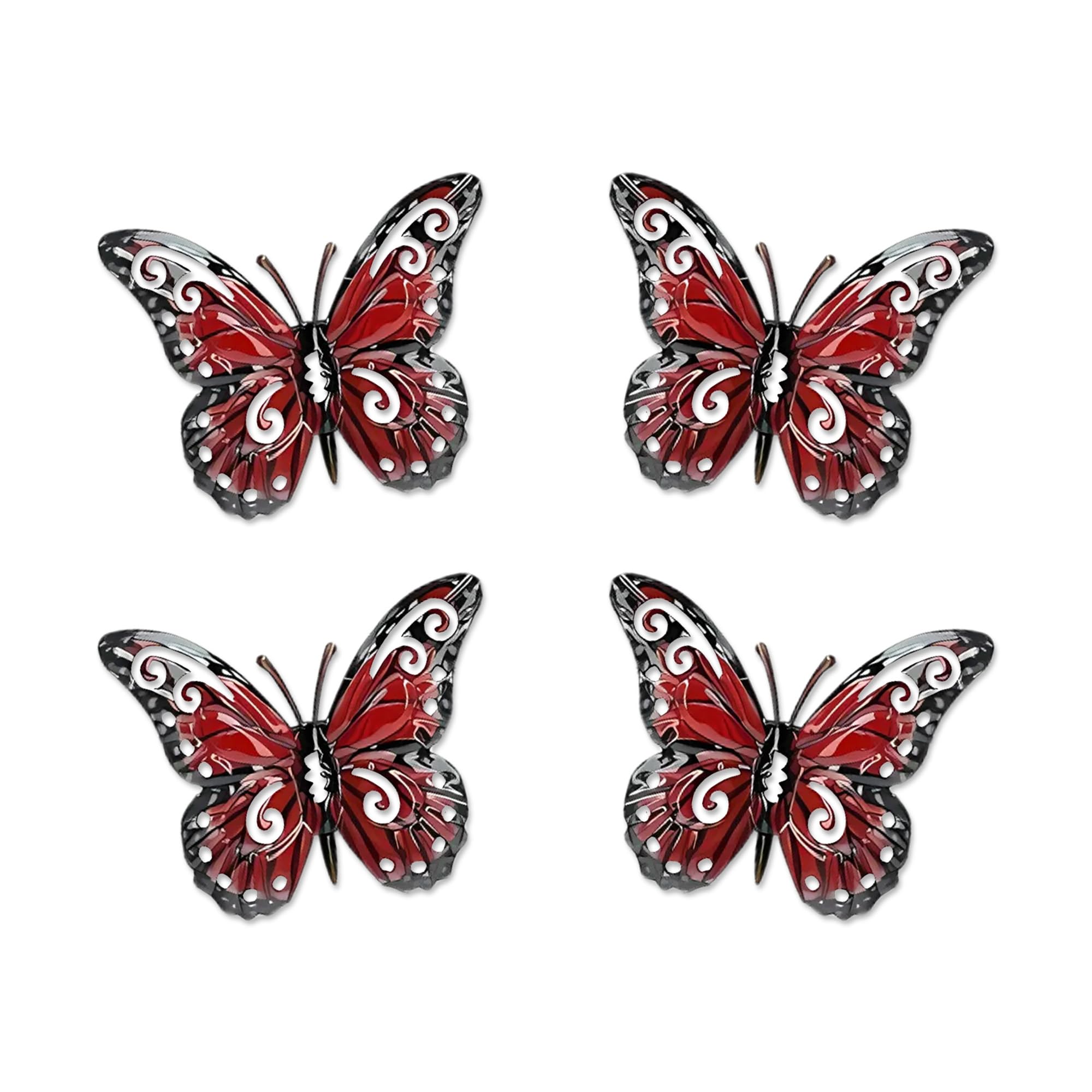 Lotus Set of 4 Metal Butterfly Wall Art Decorations, Red/Yellow/Green/Blue Garden Fence Ornaments for Outdoor Walls, Sheds & Indoor Home Decor (Red)