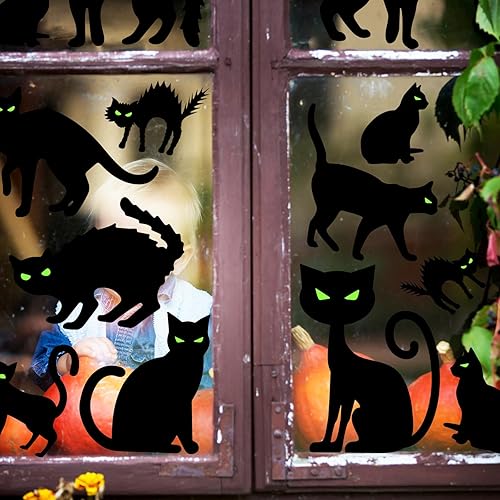 Miniatura 6 de Whaline 9 hojas de Halloween con diseño de gato negro para ventana, silueta espeluznante, calcomanías decorativas de ventana de doble cara,