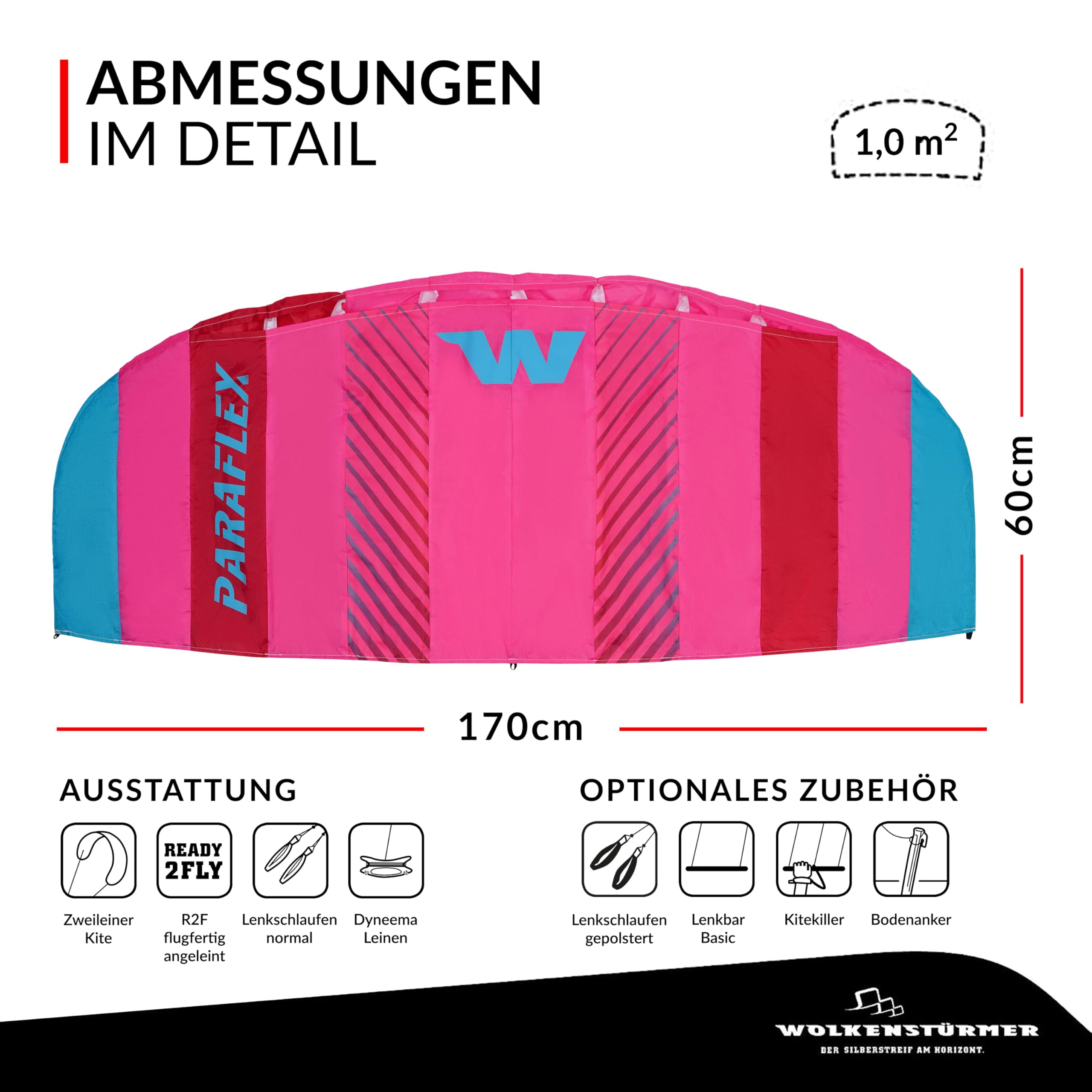 Wolkenstürmer Paraflex Basic 1.7 Aquilone pilotabile, poliestere Ripstop 70D, rosa, 170 cm, da 14 anni, 2 righe 45 kg