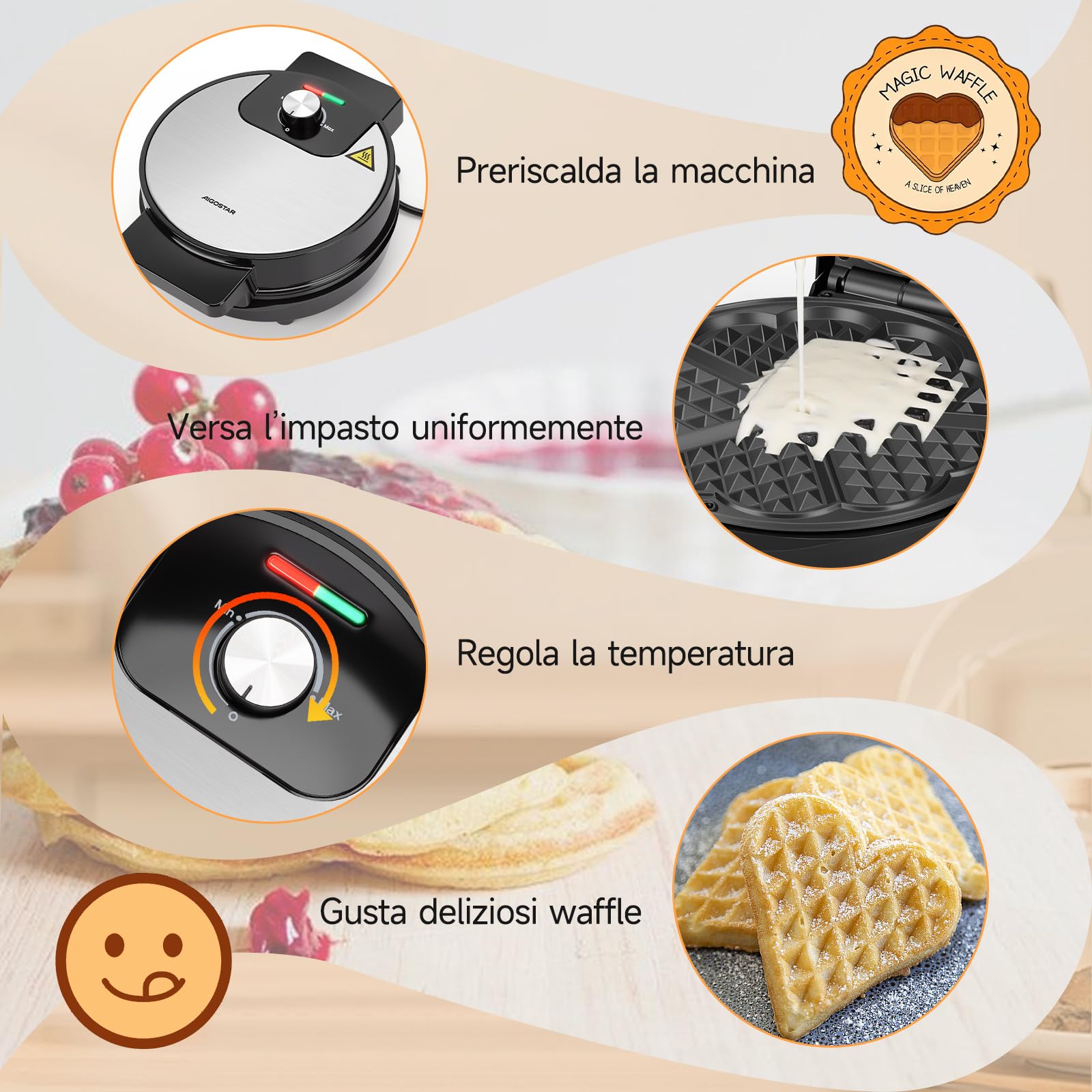 Aigostar Macchina per Waffle a 5 Cuori, 1000W, Piastre Antiaderenti da 19 cm, Cottura Regolabile, Indicatore LED, Maniglie Antiscottatura, Design Compatto in Acciaio Inossidabile, BPA FREE, Crunchy