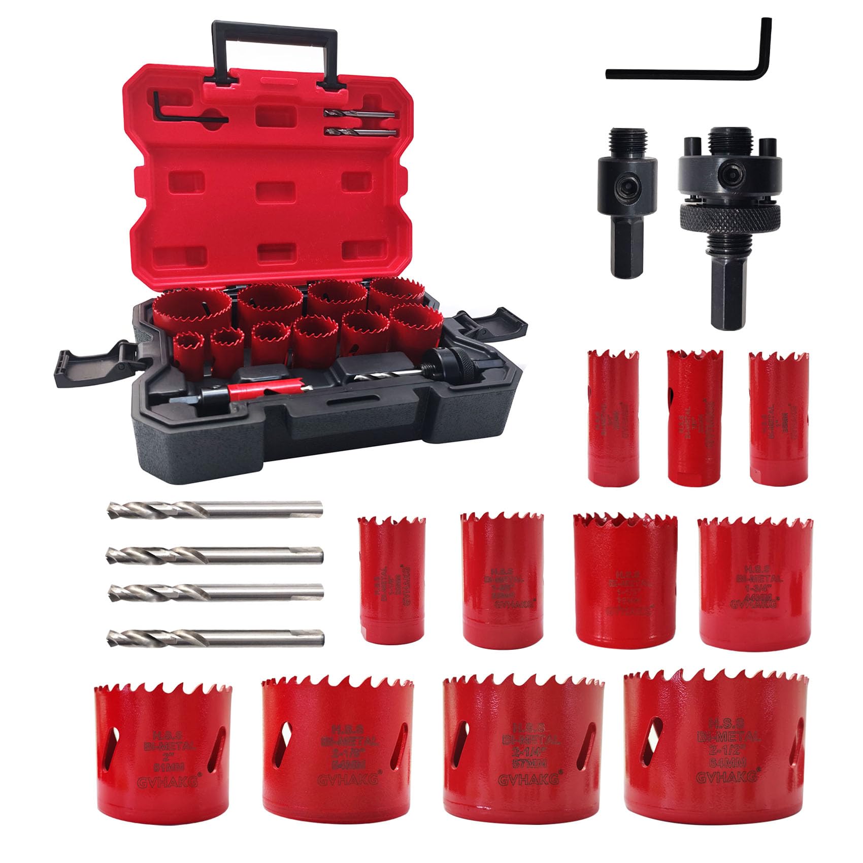 Juego de 16 sierras perforadoras bimetálicas M42 sobre 8% cobalto, 11 tamaños de 19 a 64 mm de diámetro, broca circular con 4 brocas para metal blando, madera, PVC y placas de plástico
