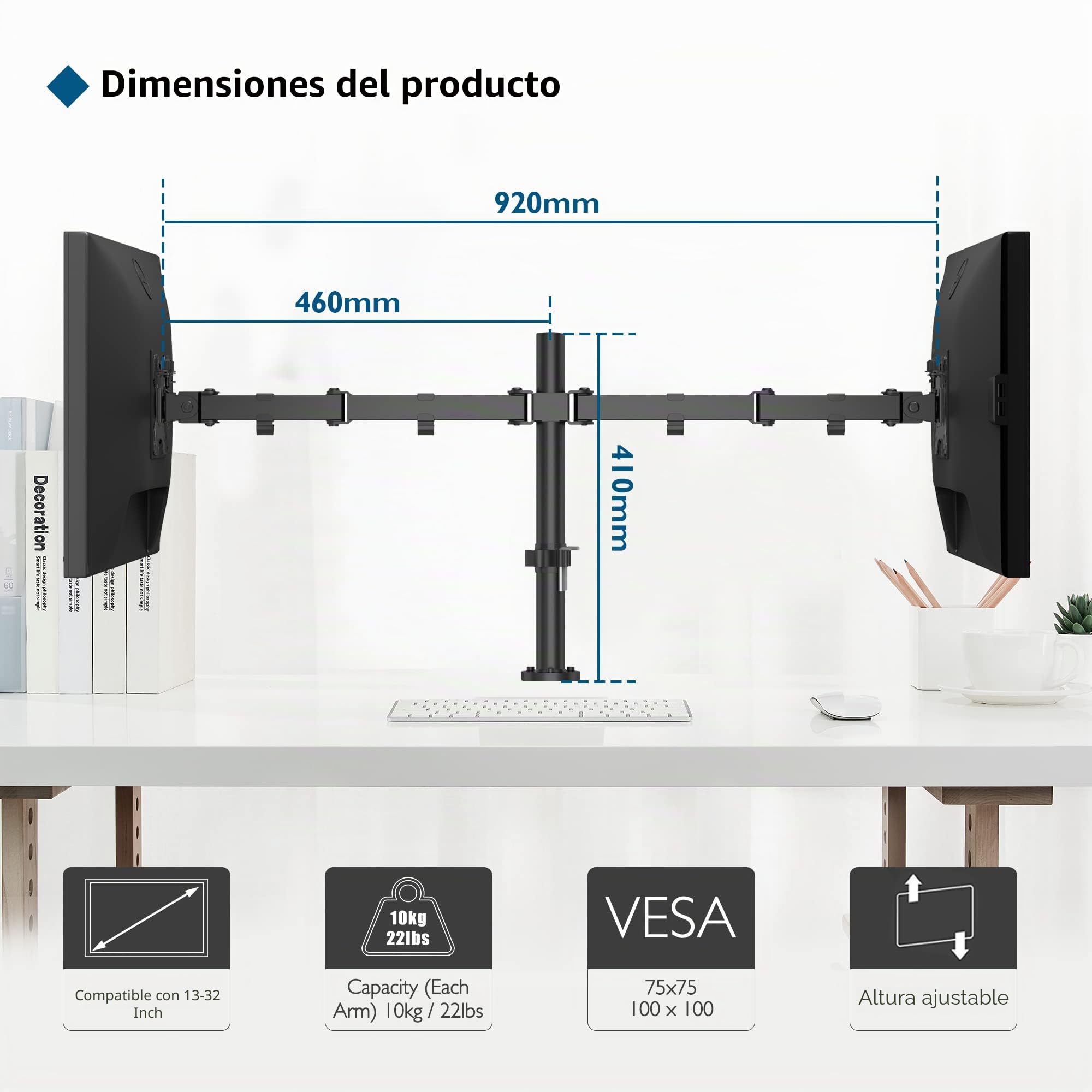 BONTEC Soporte Doble Monitor para Pantallas de 13-32 Pulgadas, Brazo de Monitor Doble Ajustable en Altura con 2 Métodos de Instalación, Rotación Inclinable y Giratoria, VESA 75x75/100x100