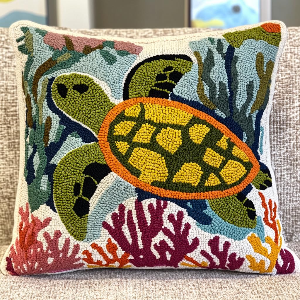 DIY Punch Needle Pillow Kit Green Sea Turtle and Corals with Pattern and Hoop Handmade Embroidery Punch Needle Starter Pillowcase Set for Home Sofa Decor 43x43cm-1-18