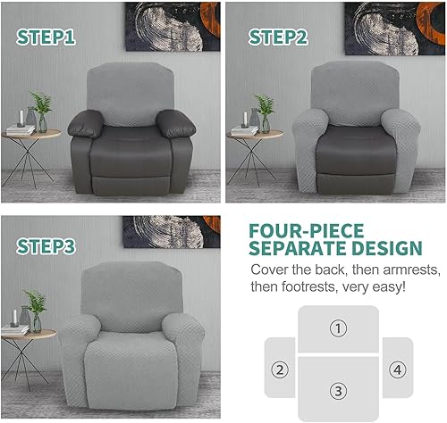 Vista 164 de YEMYHOM Funda elástica de 4 piezas para silla reclinable de jacquard con bolsillo lateral, antideslizante, ajustable, protector de muebles con parte