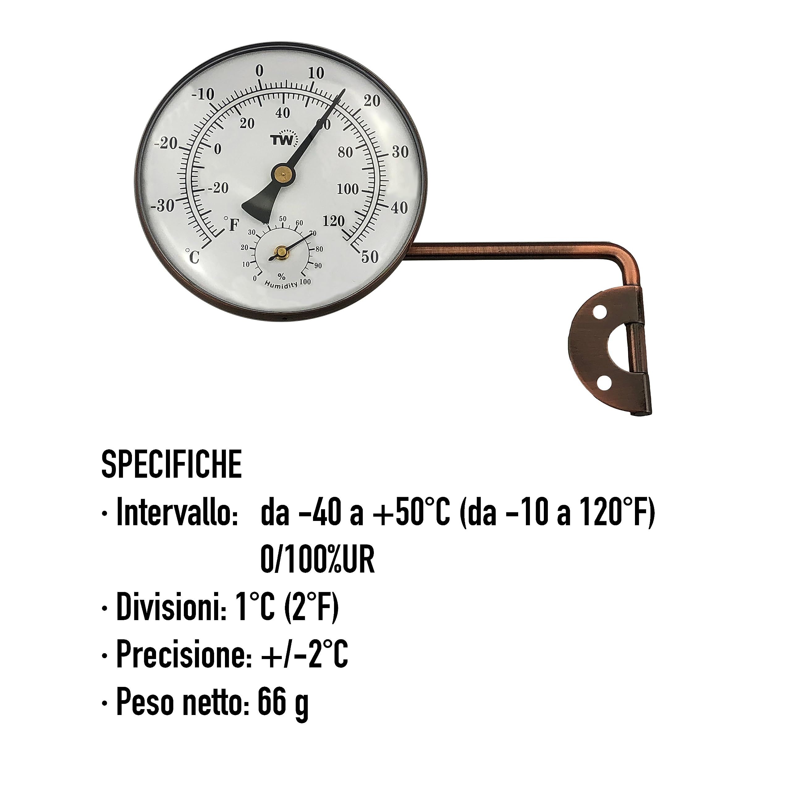 Termometro igrometro da esterno in ottone con elegante design del quadrante, termometro da giardino adatto per misurare temperatura esterna e umidità, per parete, serra, garage, braccio oscillante per