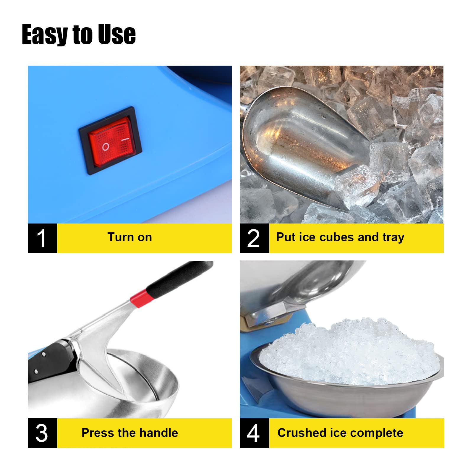 Trituradora de hielo eléctrica de 110 V, máquina portátil de acero inoxidable de 4 cuchillas para hielo afeitada, máquina de hielo afeitado de 300 W 2200 rpm, máquina de hielo afeitado con 8