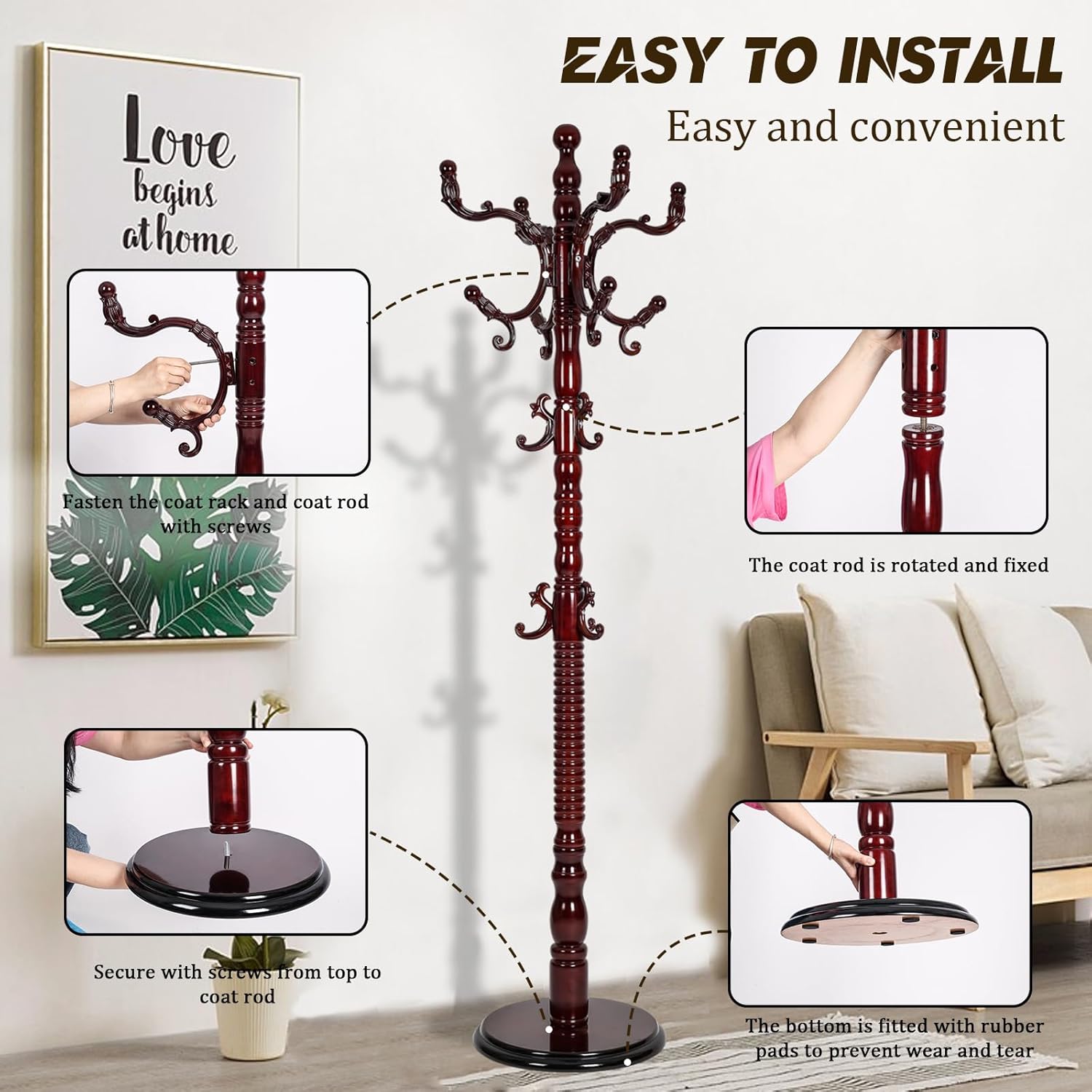 Perchero de madera resistente, perchero independiente con 10