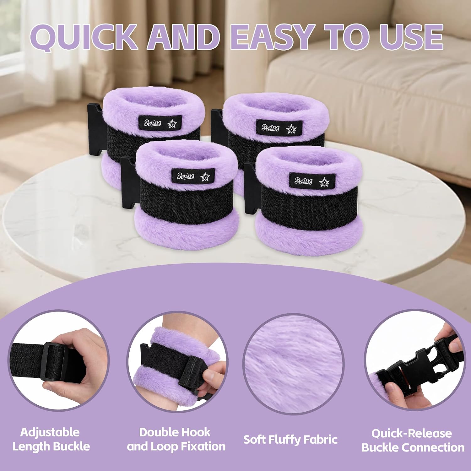 SPRING SEAON Medical Bed Restraints for Wrists & Ankles (4 Pack), Soft Fluffy Cuffs with Quick-Release Buckles, Adjustable Safety Straps for Bed Rails/Headboard, Easy-Clean Patient Restraints (Purple)