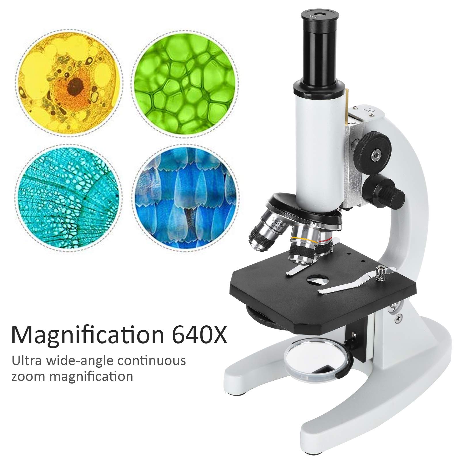 J02041 Microscopio 640X Herramienta educativa biológica Construcción de acero de grado profesional 33,8 cm de largo 19,8 cm de ancho para estudiantes Laboratorios de ciencia