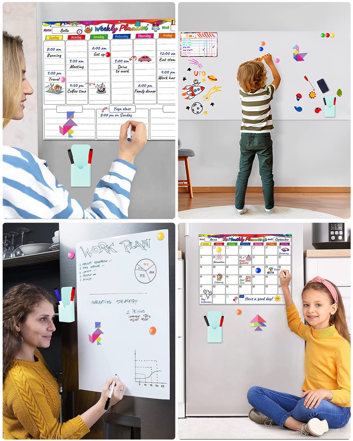 Tableau Blanc Magnetique, 45×100cm Adhesif Effacable Autocollant, Inclut 3 Feutres Effacables, 6 Aimants, Porte Crayon Magnétique, Tissu et Puzzles
