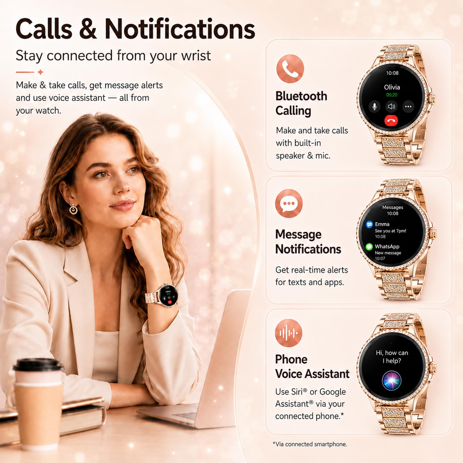 Reloj Inteligente Mujer 1,27" Smartwatch Redondo con Llamadas Bluetooth, Frecuencia Cardíaca SpO2 Sueño, 120+ Modos Deportivos, IP68 Resistente al Agua, 2 Correas, Compatible con Android iOS, Oro Rosa
