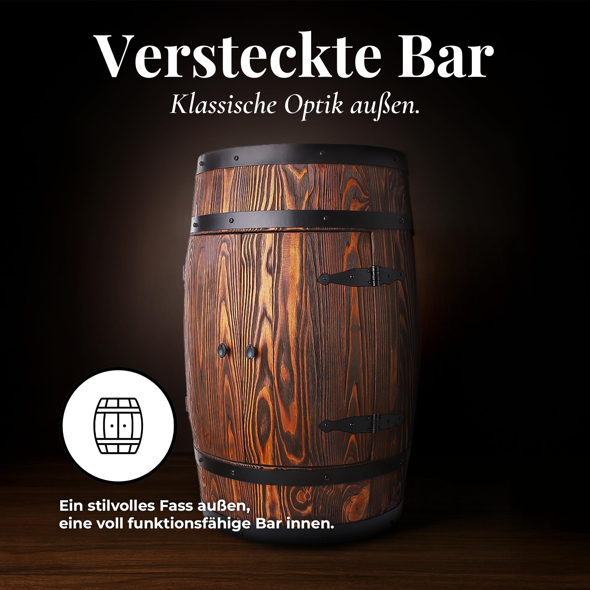 Holzbar Fass 80x55 cm | Massivholz Barschrank für Whisky, Wein und Spirituosen | Hausbar mit Glashaltern | Handgefertigt in Europa | Bar Möbel im Vintage, Loft und Landhausstil