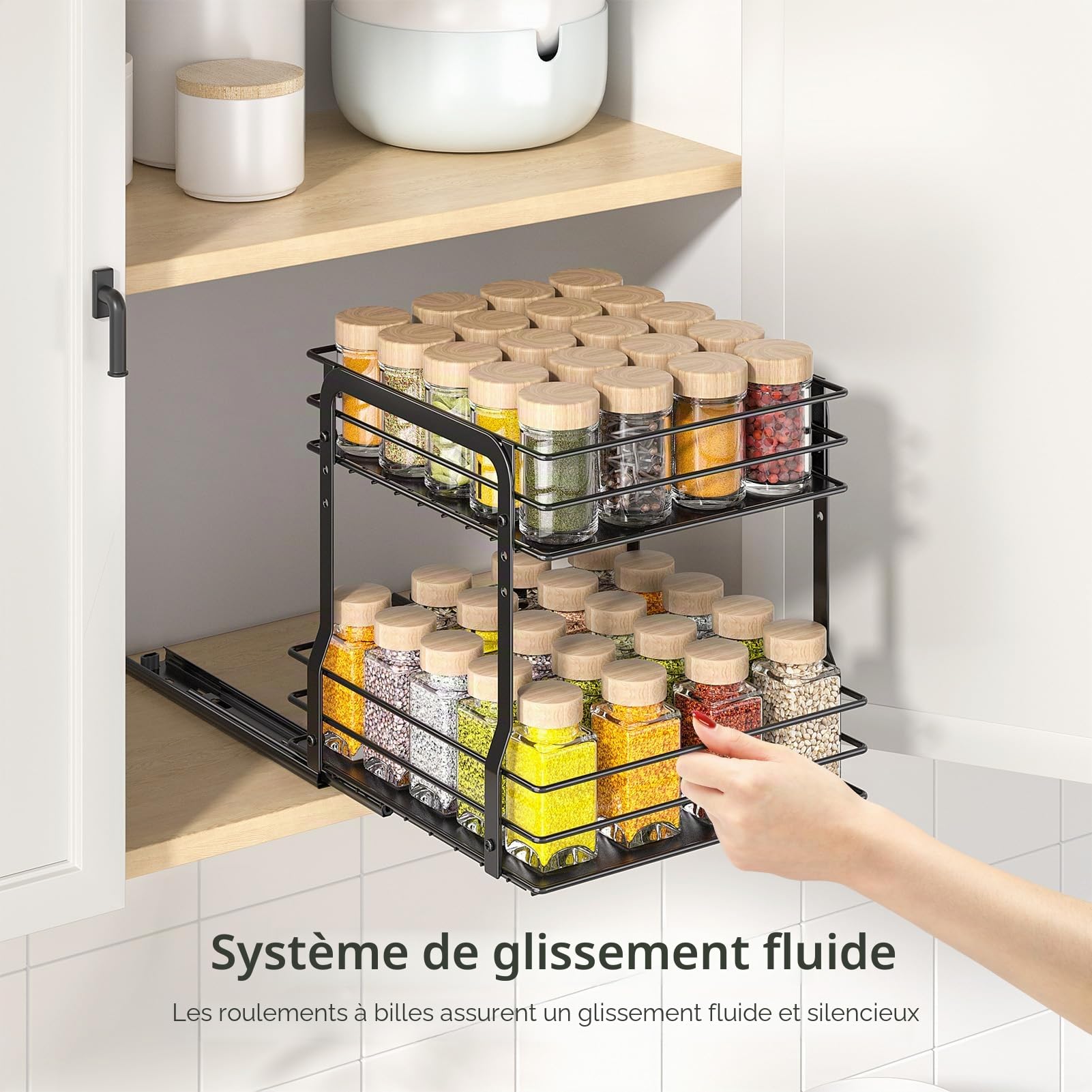 PanPanPal Organisateur d'Épices 2 Niveaux Coulissant Noir pour Placard de Cuisine – Coulisse Tiroirs Extractibles, Gain de Place et Pratique, 27.2 Profondeur x 24.5 Largeur x 26 Hauteur cm