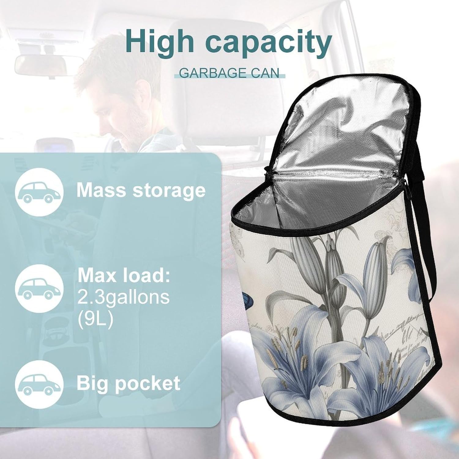 Hanging Car Trash Bag Blue Flower Printed Car Garbage Storage Bag Leakproof Car Trash Can Portable Garbage Storage Bags
