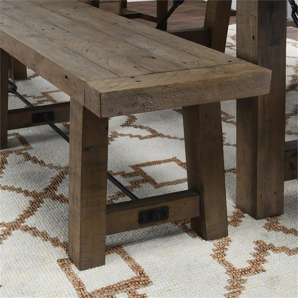 Pemberly Row Transitional Reclaimed Pine Bench, 74 in Wide, Weathered Brown Finish, Seats up to 3, Metal Turnbuckle Accents, Hand-Finished Dining or Kitchen Room Seating
