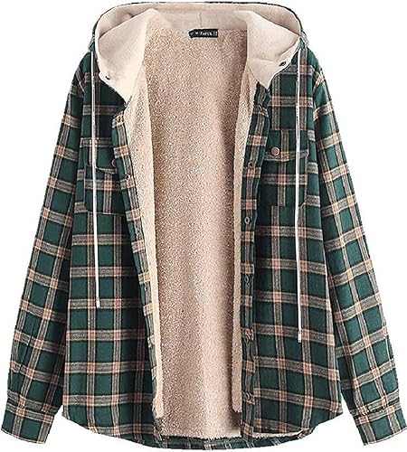 ZAFUL Chaqueta de Forro Polar a Cuadros Casual para Hombre Unisex Hombre Abrigo con Capucha con Cordón Chaqueta Mullida con Capucha