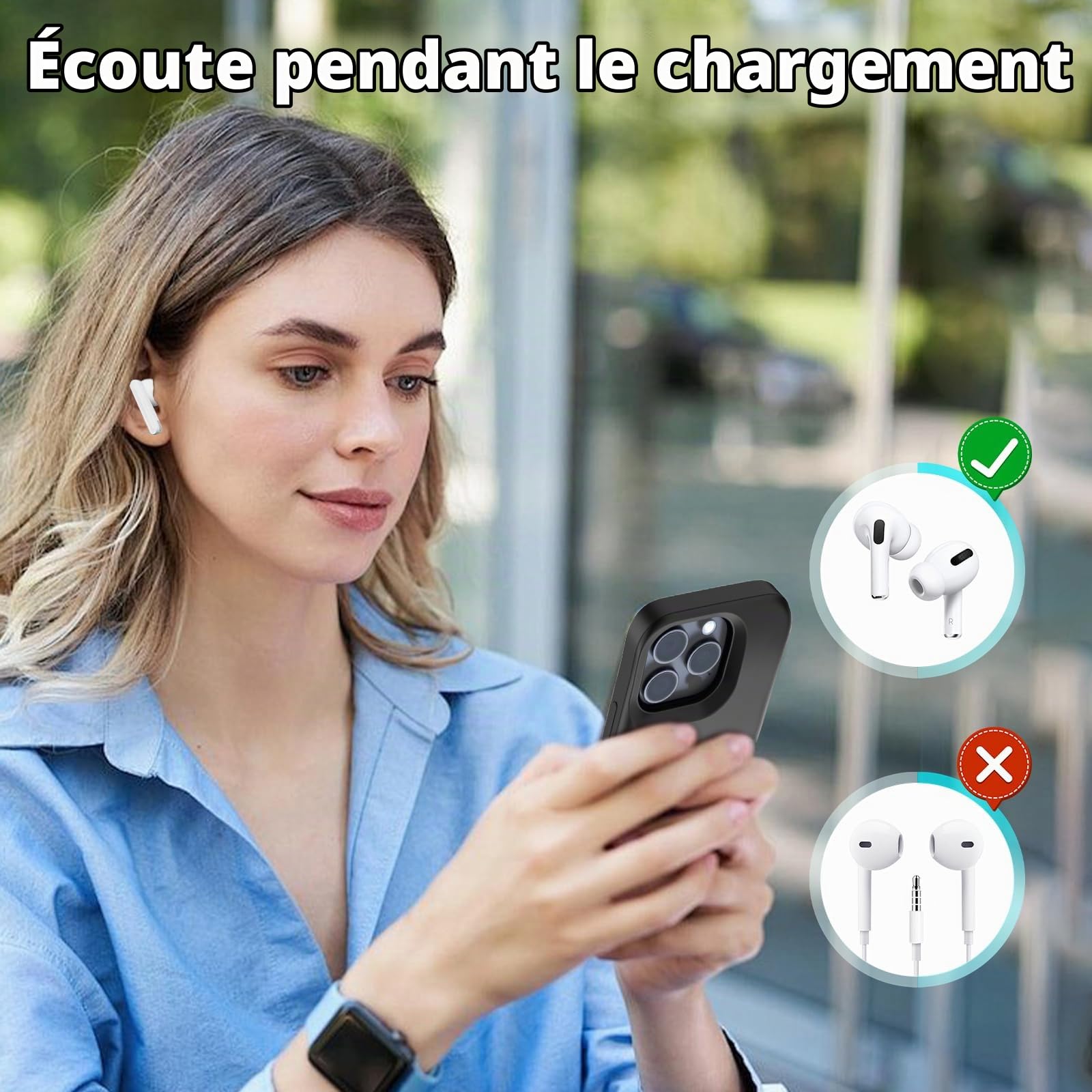 Coque Batterie pour iPhone 15 Pro (6,1"), 8500 mAh, Coque de Charge Étendue, Étuide Protection Portable avec Batterie, Béquille Pliable - Noir