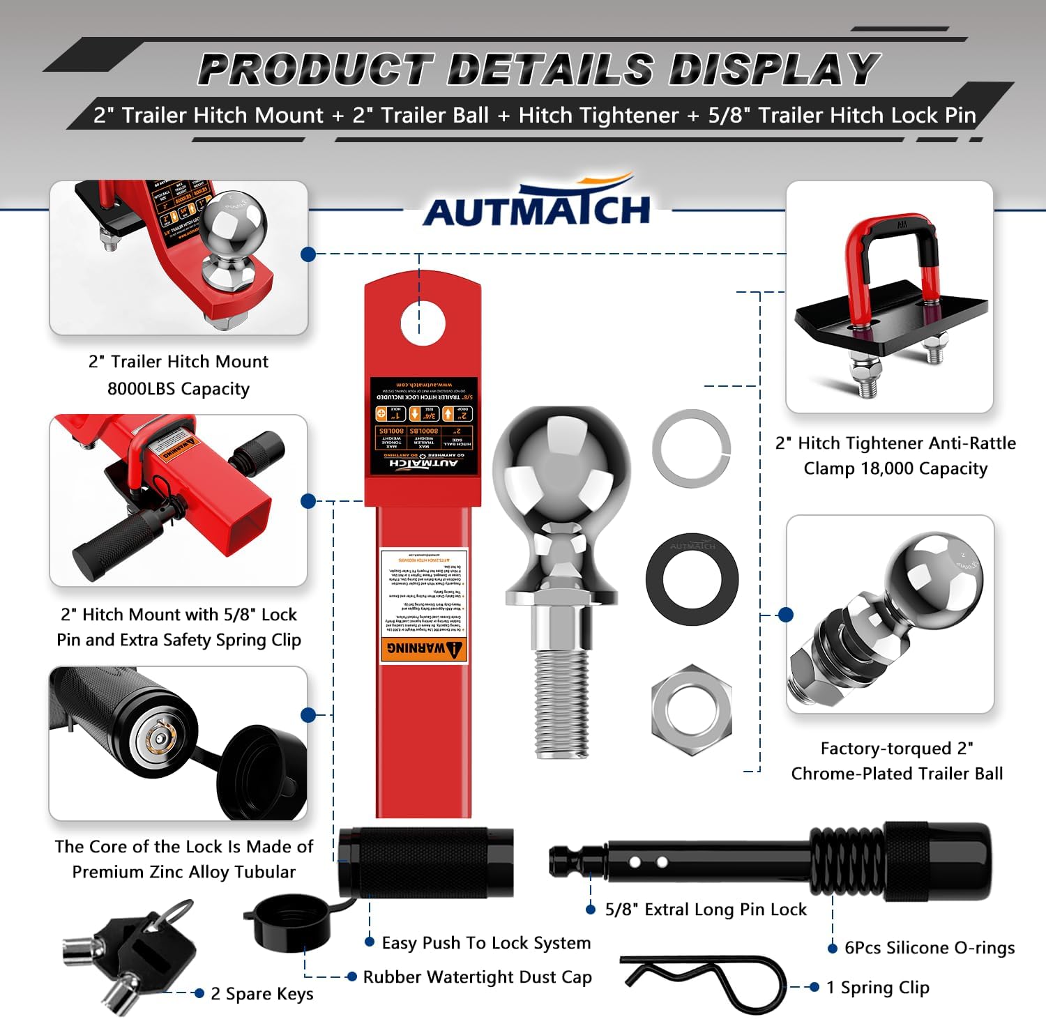AUTMATCH Trailer Hitch Ball Mount with 2 Inch Hitch Ball - Fits 2" Receiver with Hitch Tightener, 8000Lbs Capacity Ball Hitch, 2-Inch Drop with 5/8" Hitch Lock Pin, Red - Image 2