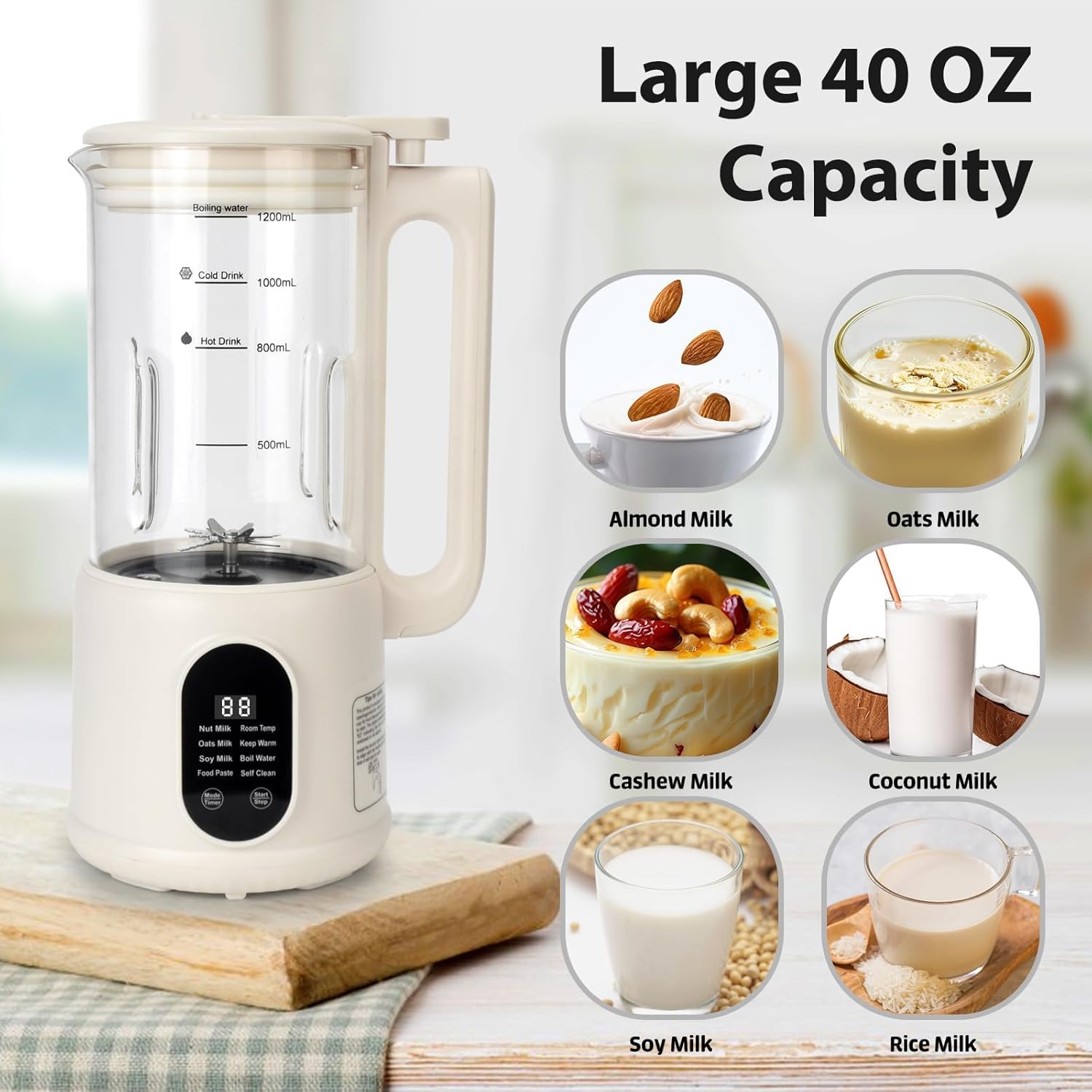 Nut Milk Maker, 8 in 1 Homemade Automatic Plant-Based Milk, Soy Milk, Almond Milk, Oat Milk, Coconut Milk & More, Multifunctional/12 Hours Timer/Auto-Clean/Room Temp/Keep Warm/Boil/Room Temp/Low-Noise
