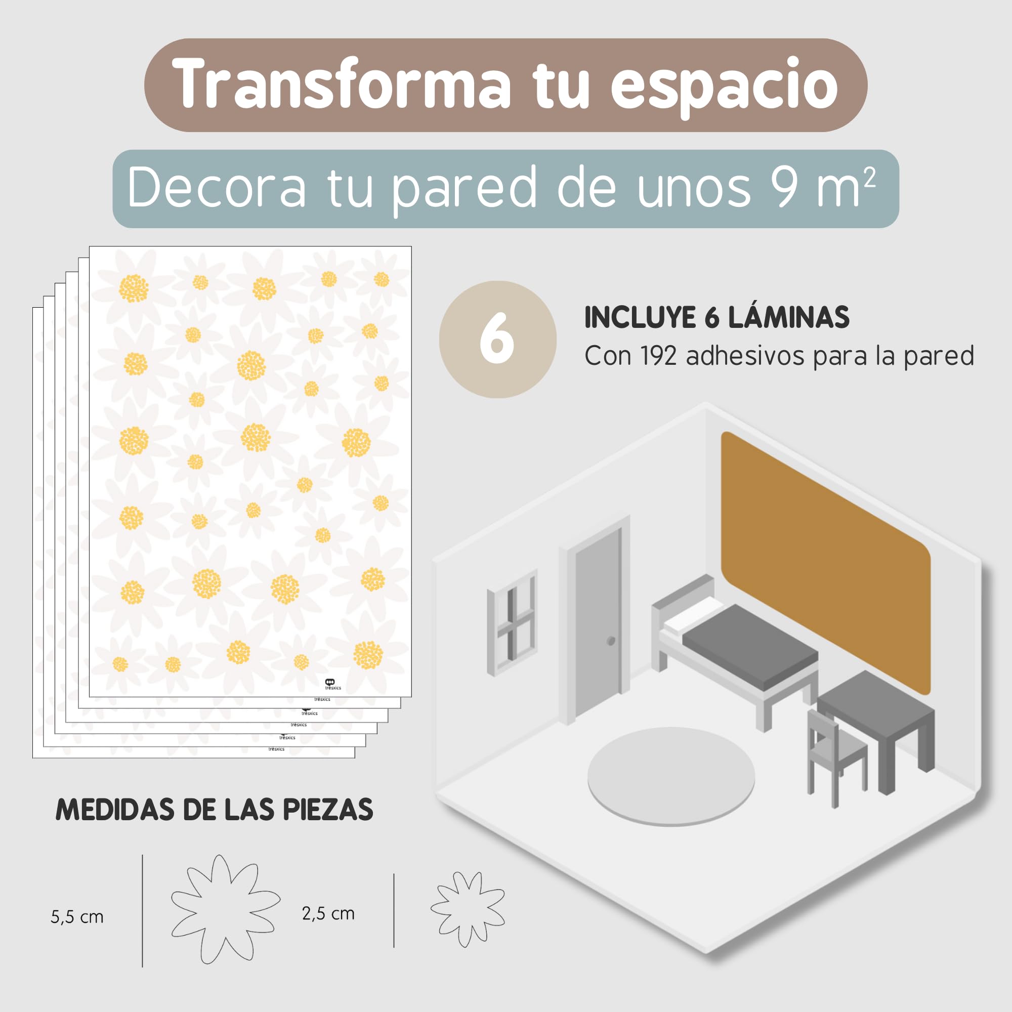 Pegatinas Pared Decorativas Flores | 6 Láminas, 192 Margaritas Adhesivas | Vinilo Adhesivo Pared | Efecto Papel Pintado | Cubre 9 m² | TRESXICS (Blanco)