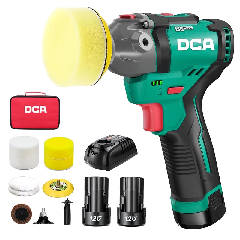 Politriz e Lixadeira DCA 12 V sem Fio com Motor Brushless, 2 Velocidades e 2 Baterias de 2,0 Ah, Kit com acessórios